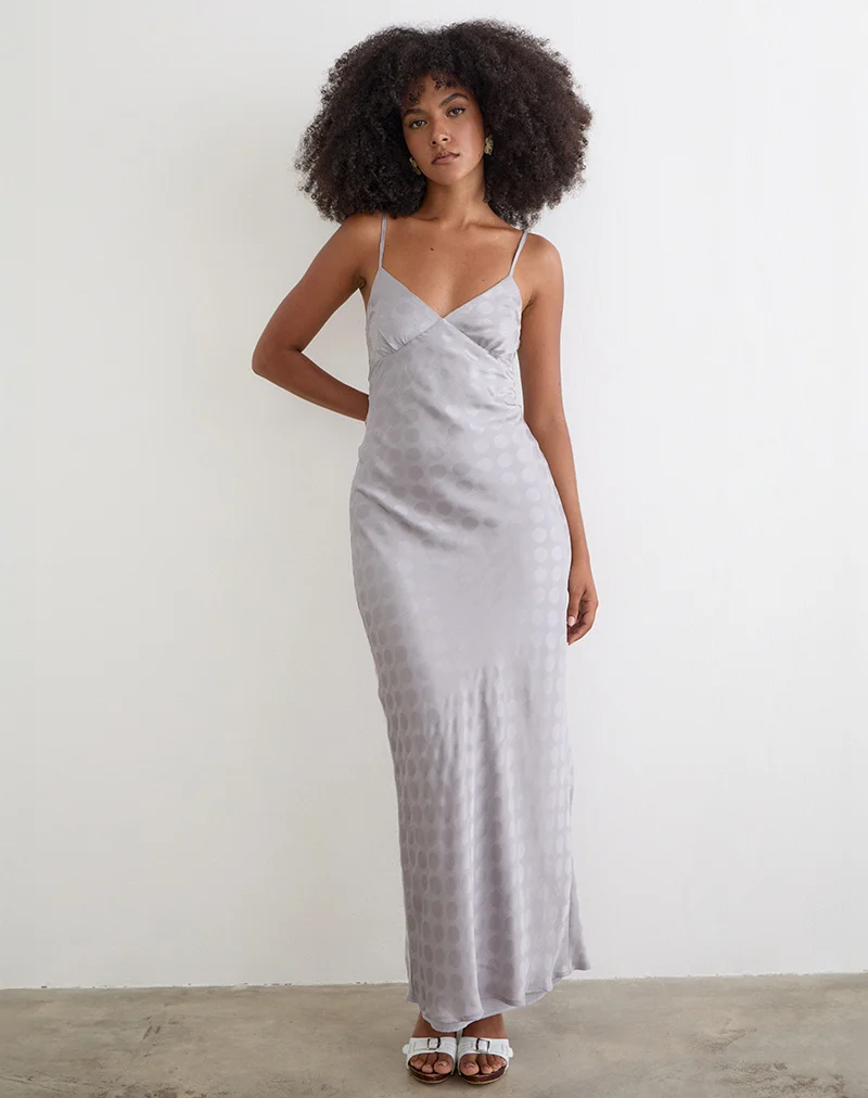 Alenya Maxi Dress in Chiffon Monochrome Silver Grey Polka