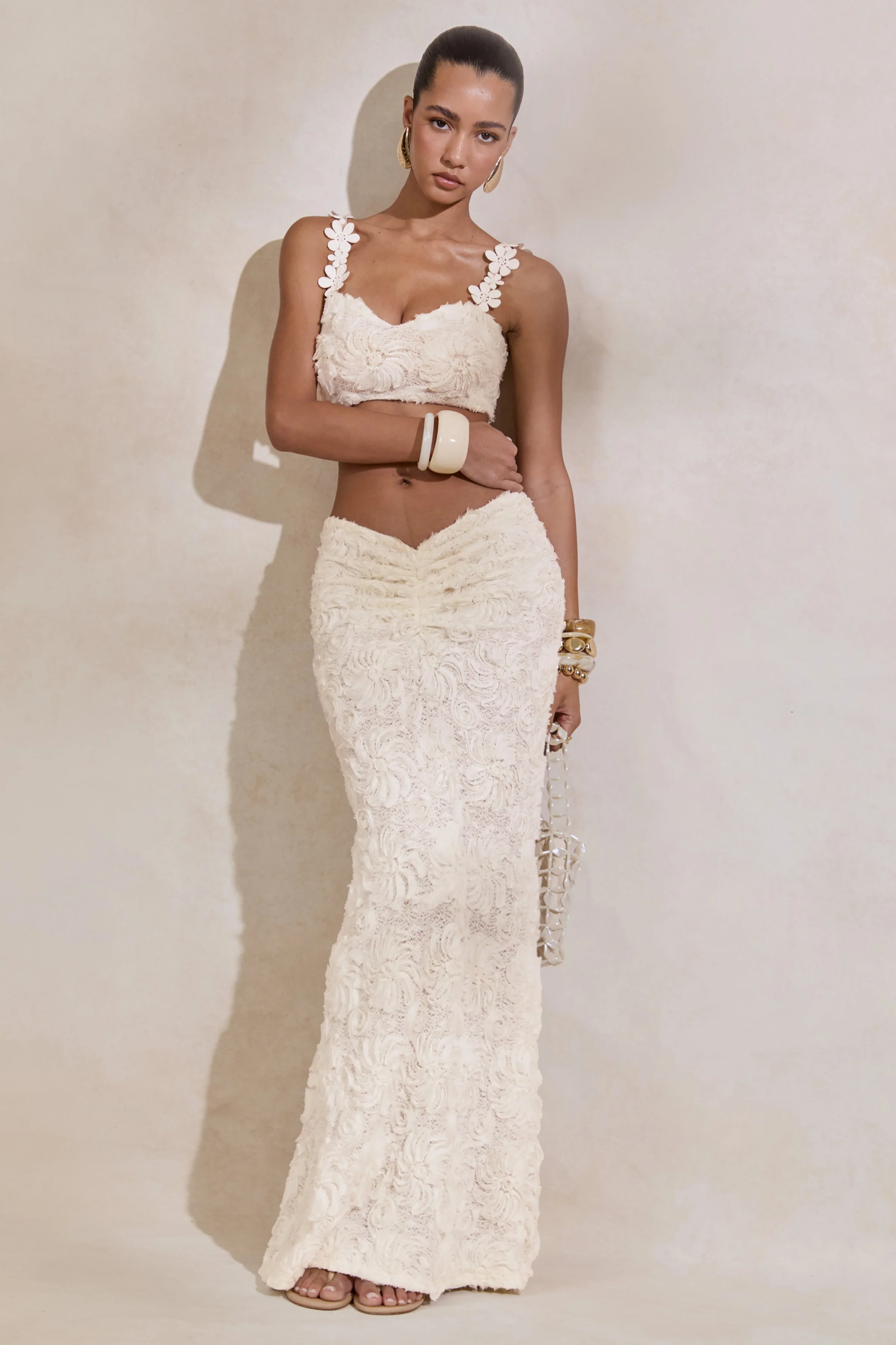 Arlina | White Lace Maxi Skirt With Gathered Detailing
