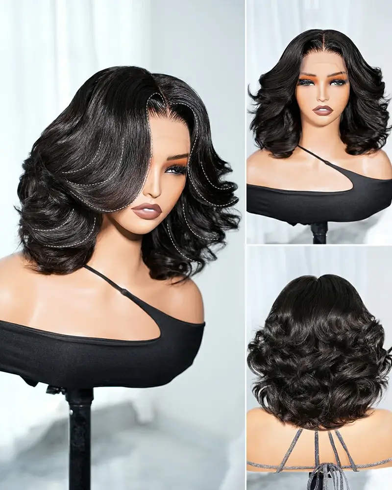 Ophirawig 13x4 Frontal Lace Loose Wave Bob Wig Pre-cut Lace Natural Black Beginner Friendly