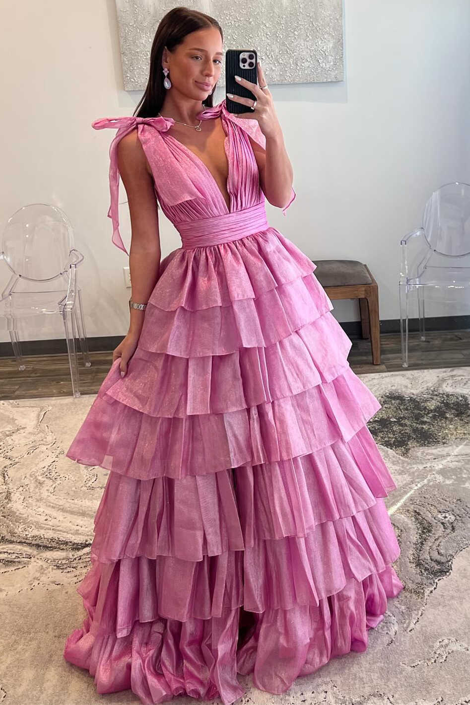 Bow Tie Pink Tiered A-line Long Dress with Slit