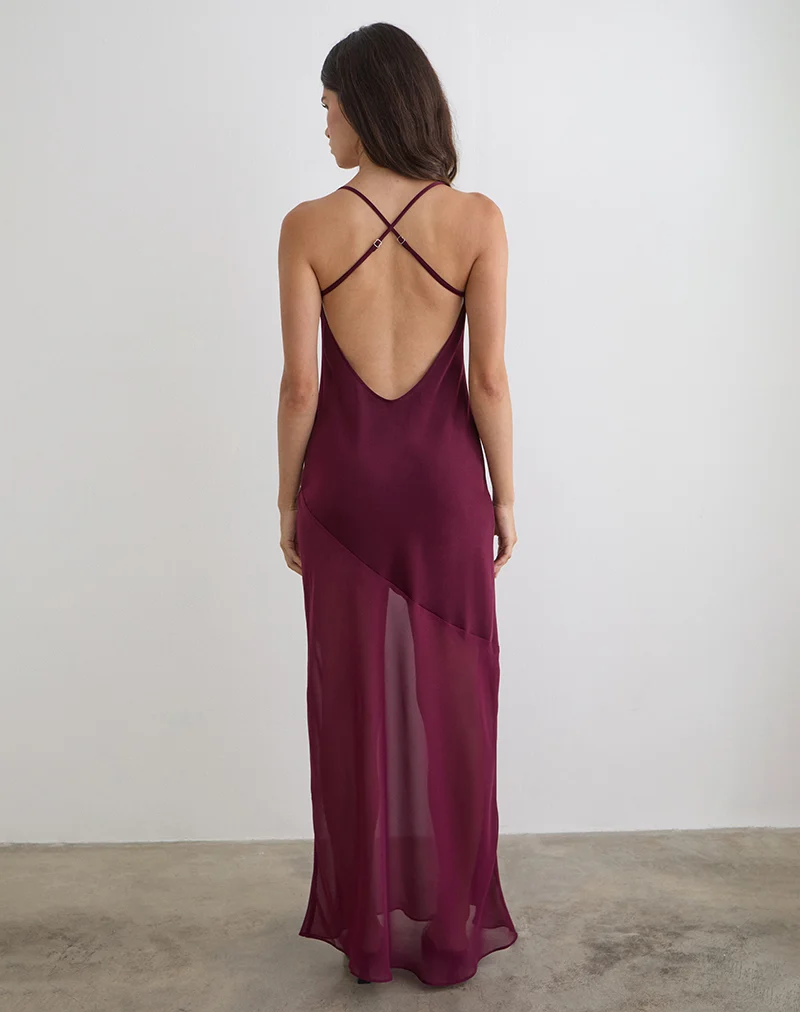 Eshara Maxi Dress in Chiffon Satin Burgundy