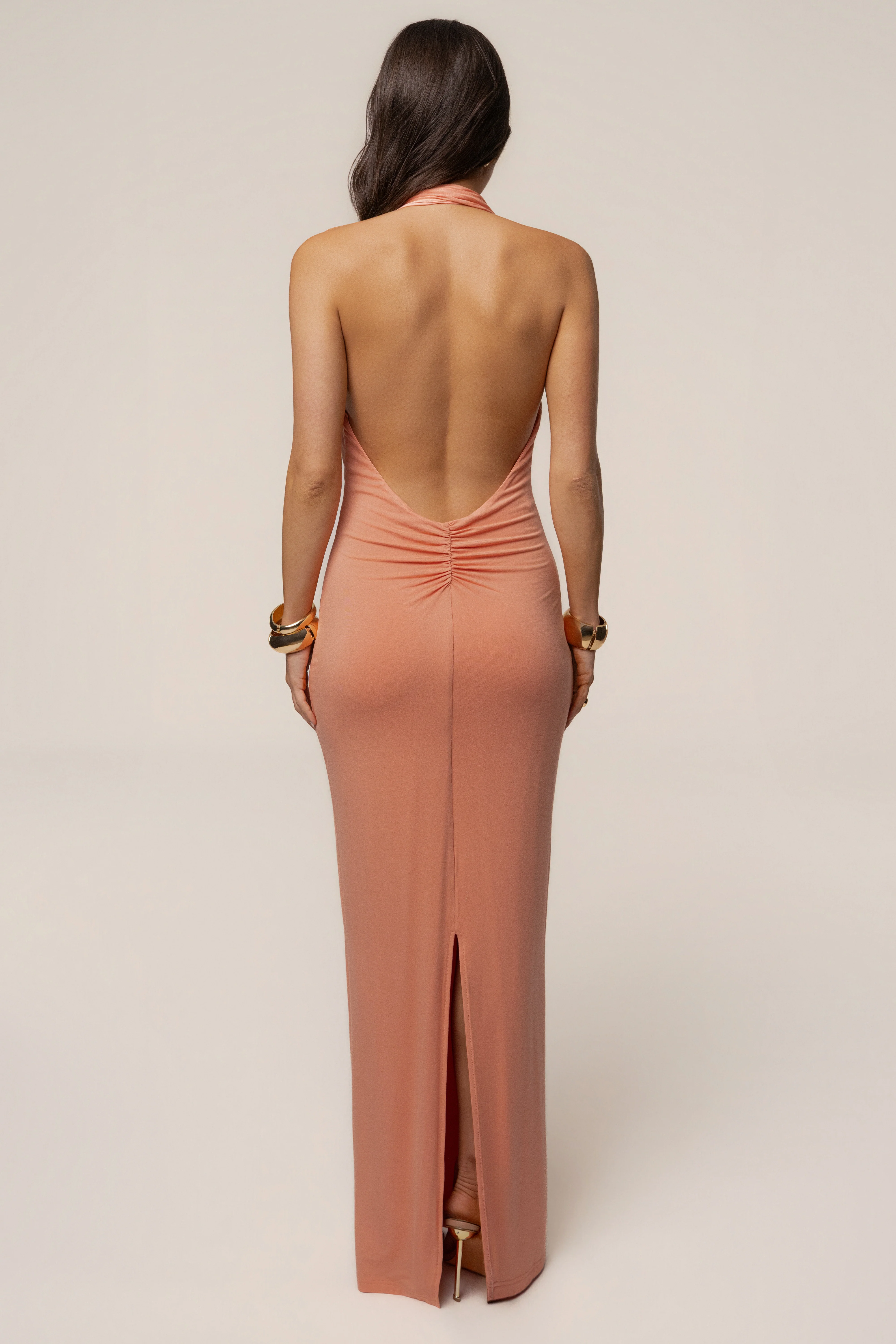 Peach Showstopper Plunge Maxi Dress
