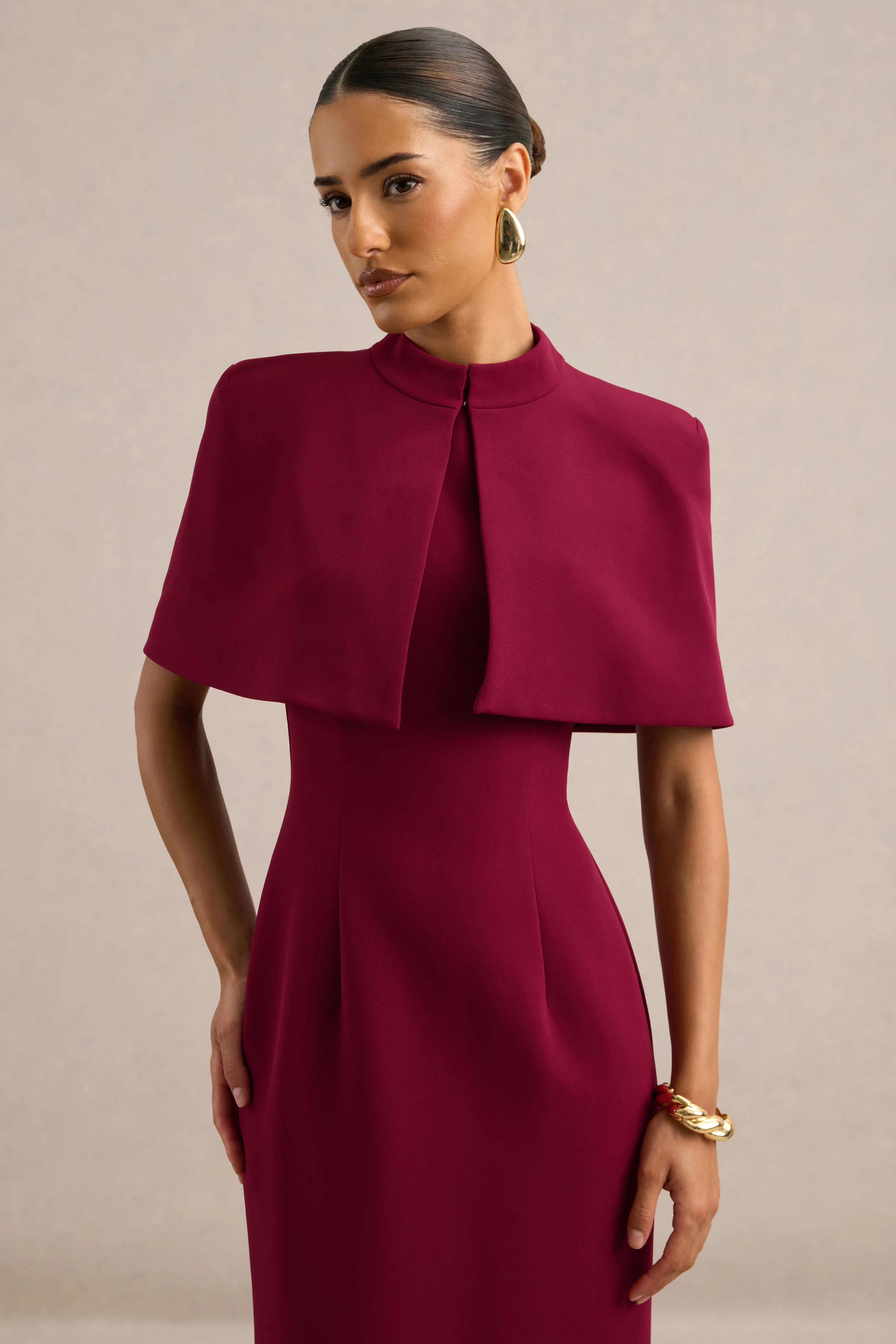 Astrelle | Burgundy Round Neck Maxi Dress With Tailoring And Back Split