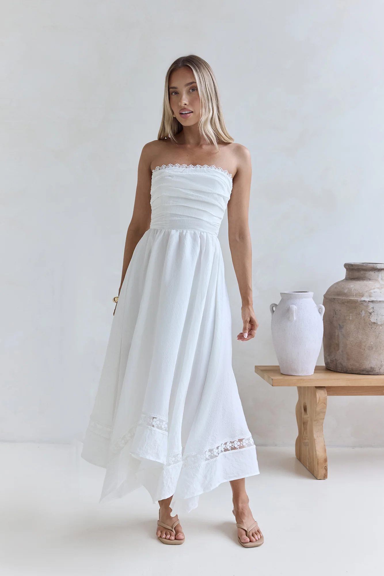Lucia Strapless Midi Dress White