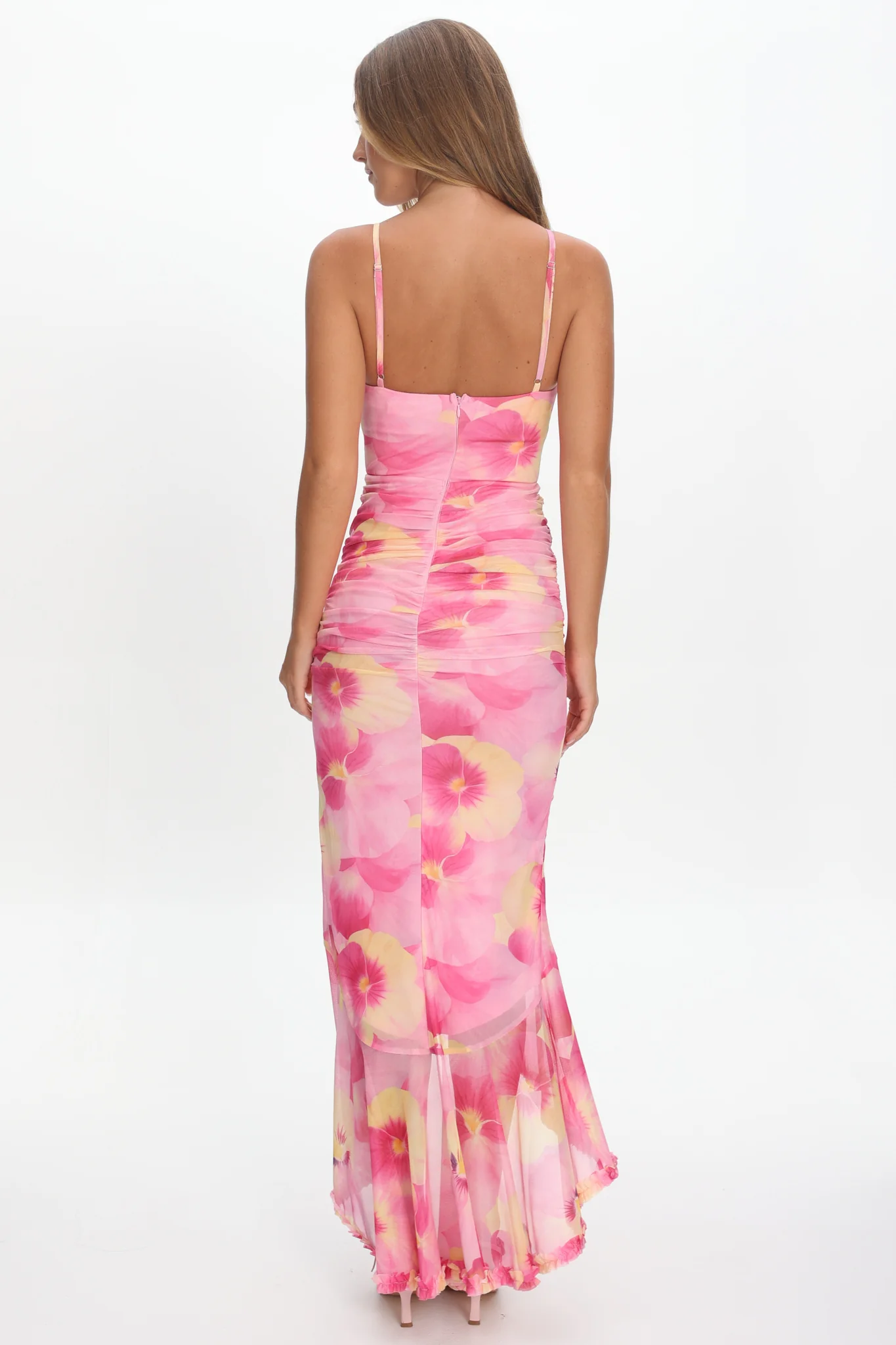 Kamilah Ruched Waist Ruffle Maxi Dress Print Pink