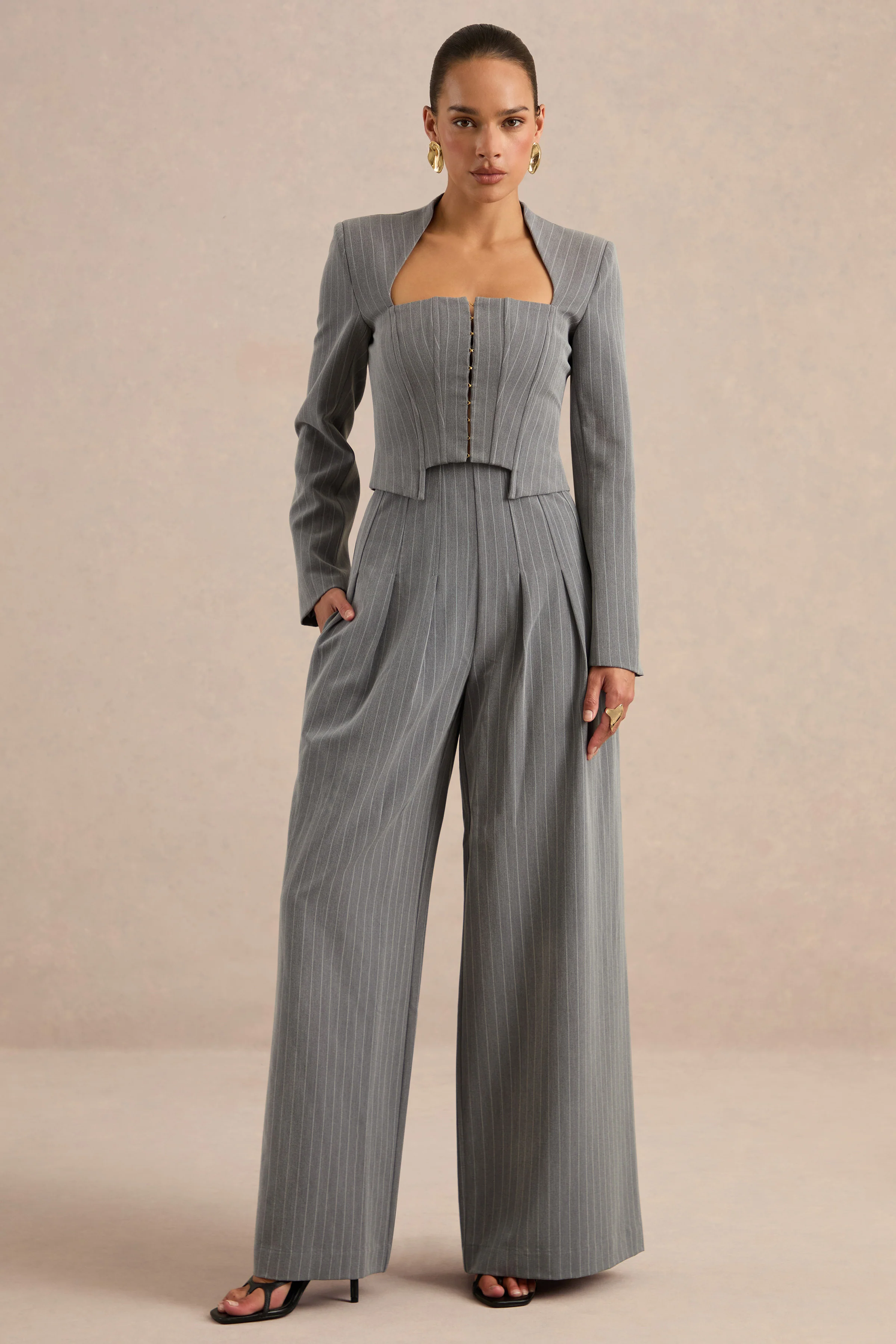 Genara | Grey Pin Stripe High Rise Wide Leg Trousers