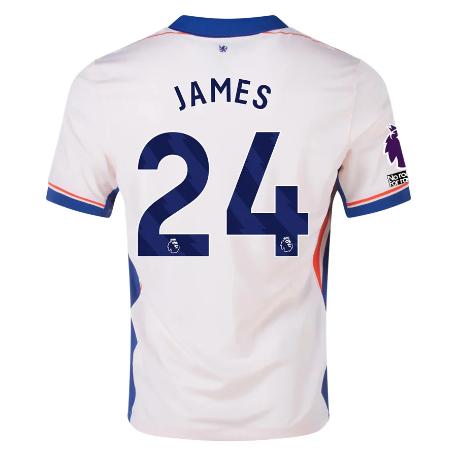 Chelsea Reece James Away Jersey w/ EPL + No Room For Racism Patches 24/25 (Guava Ice/Rush Blue)