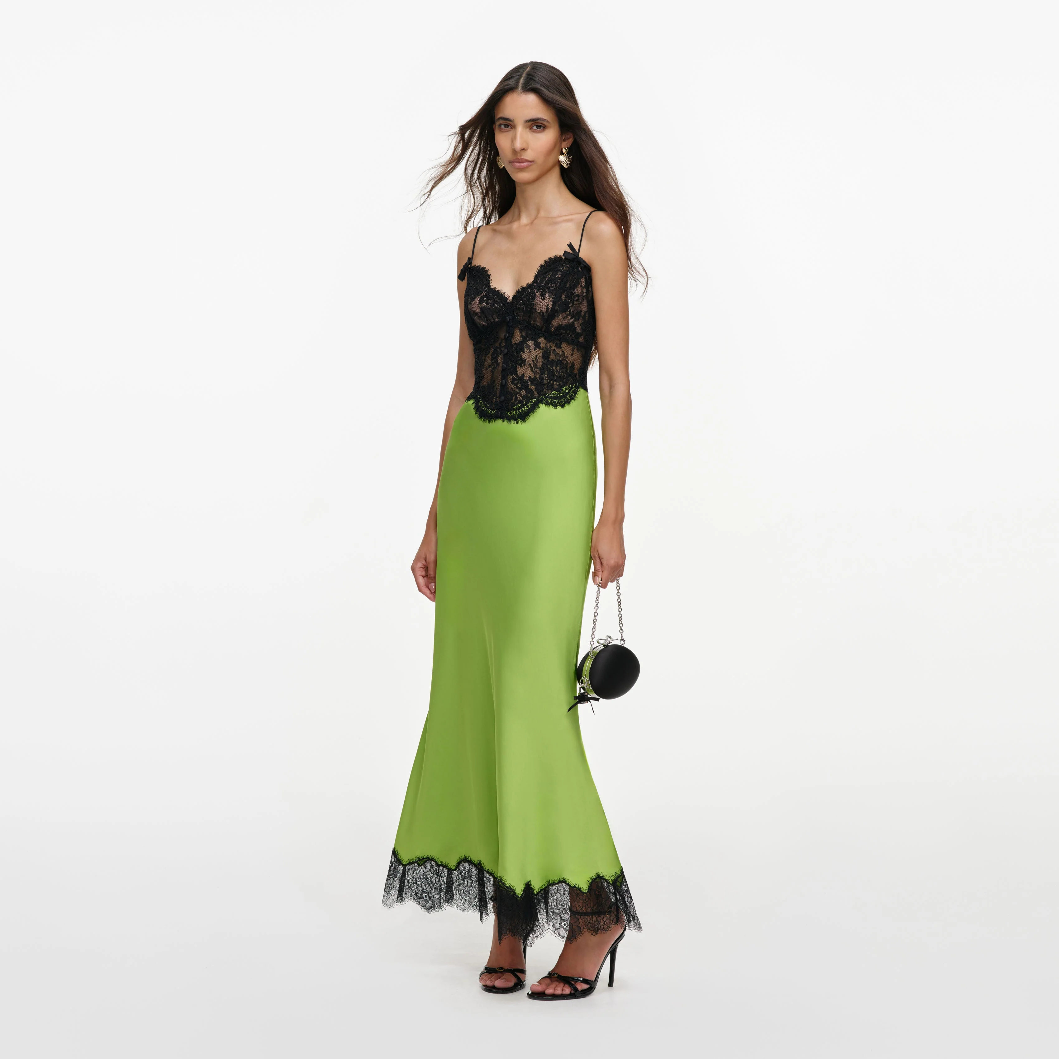 Green Satin Lace Midi Dress