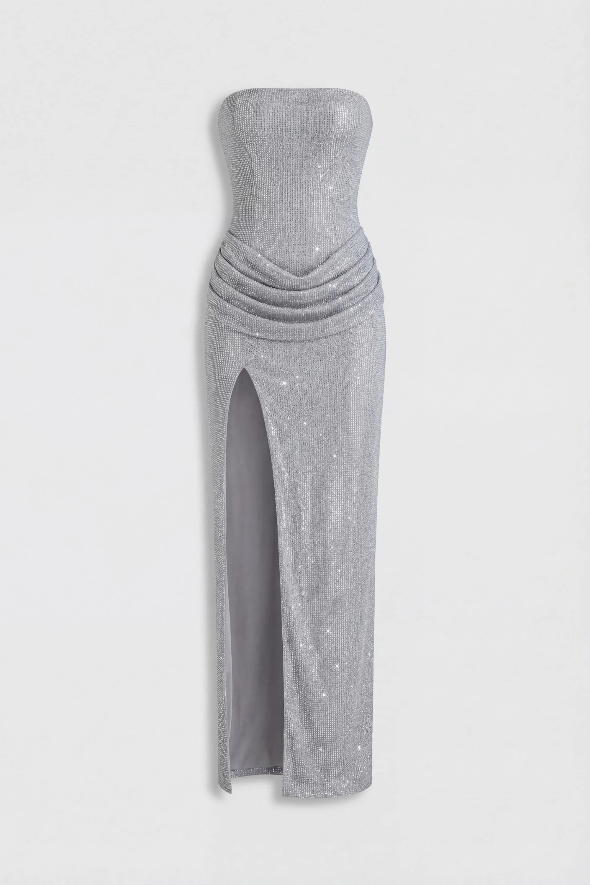Embellished Bandeau Cowl-Waist Maxi Dress in Frost