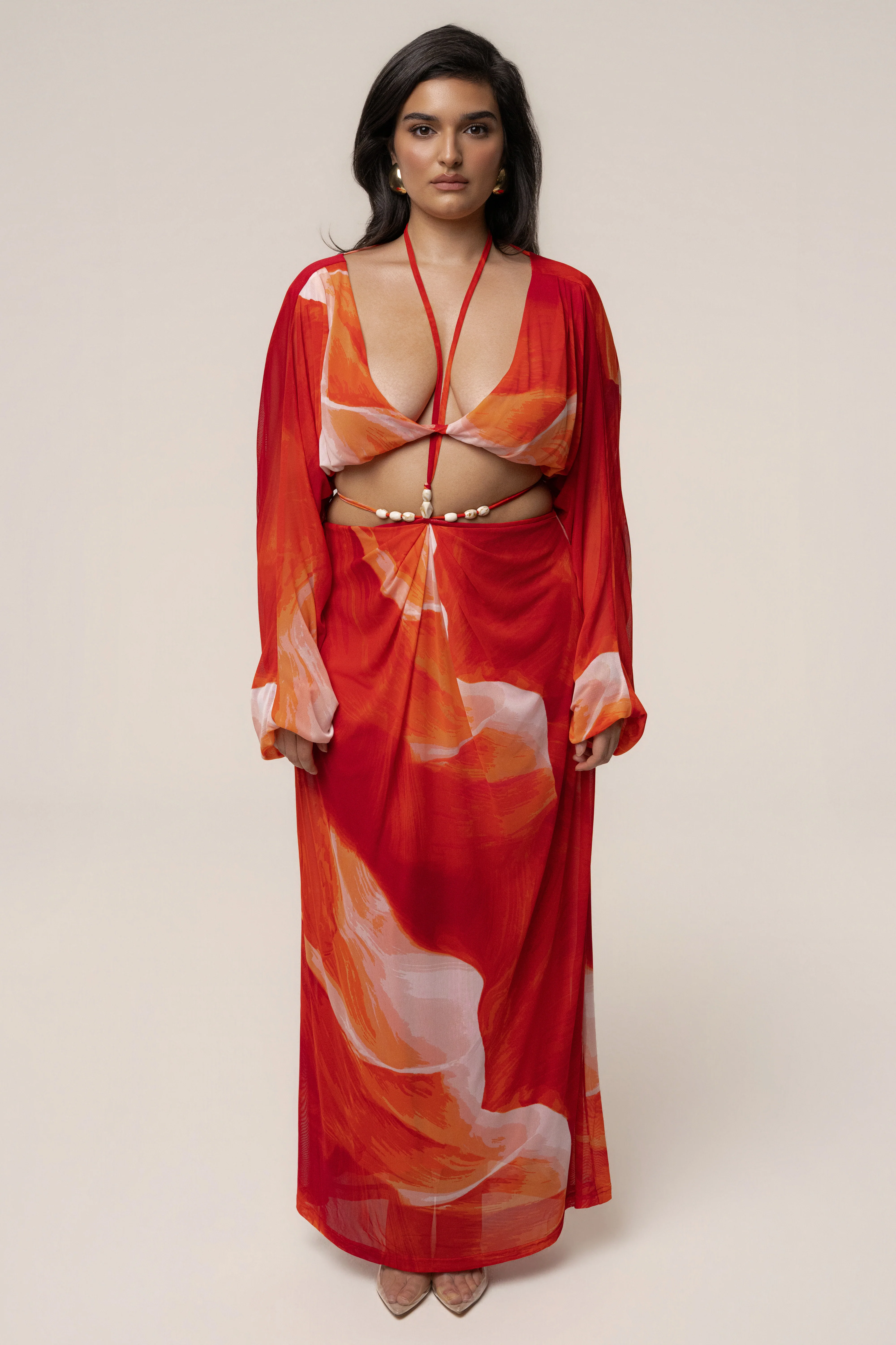 Sunset Red Hera Draped Maxi Skirt