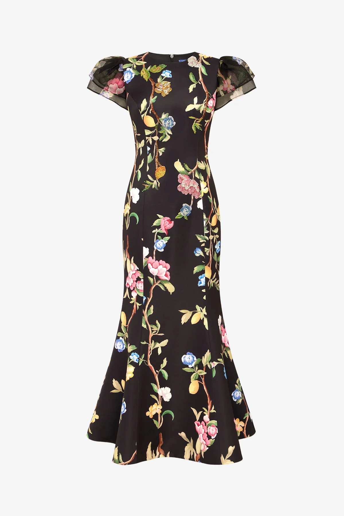 Sofia Embellished Puff Sleeve Maxi Dress - Lemon Vine Print in Ebony