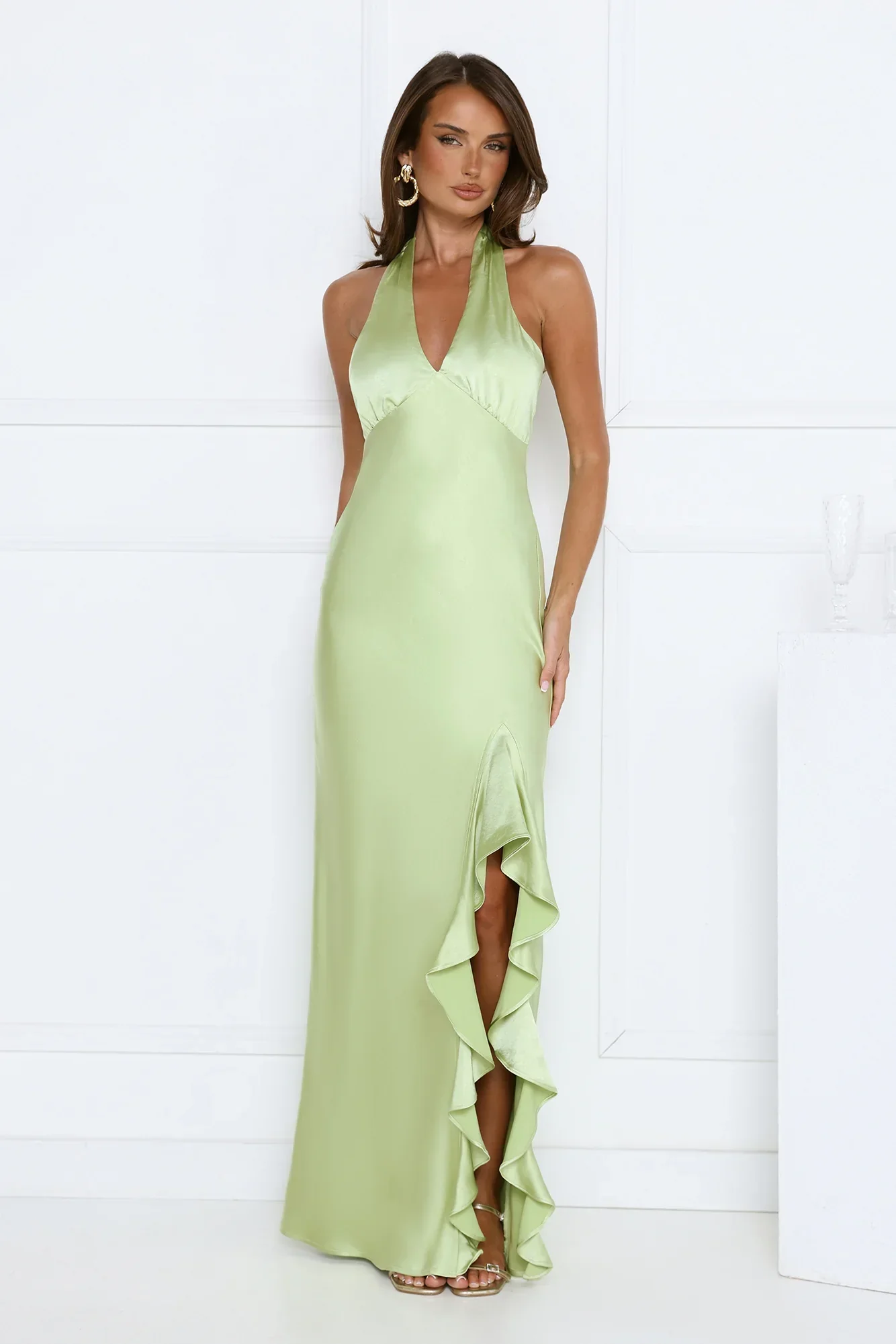 Satin Whirl Halter Maxi Dress Green