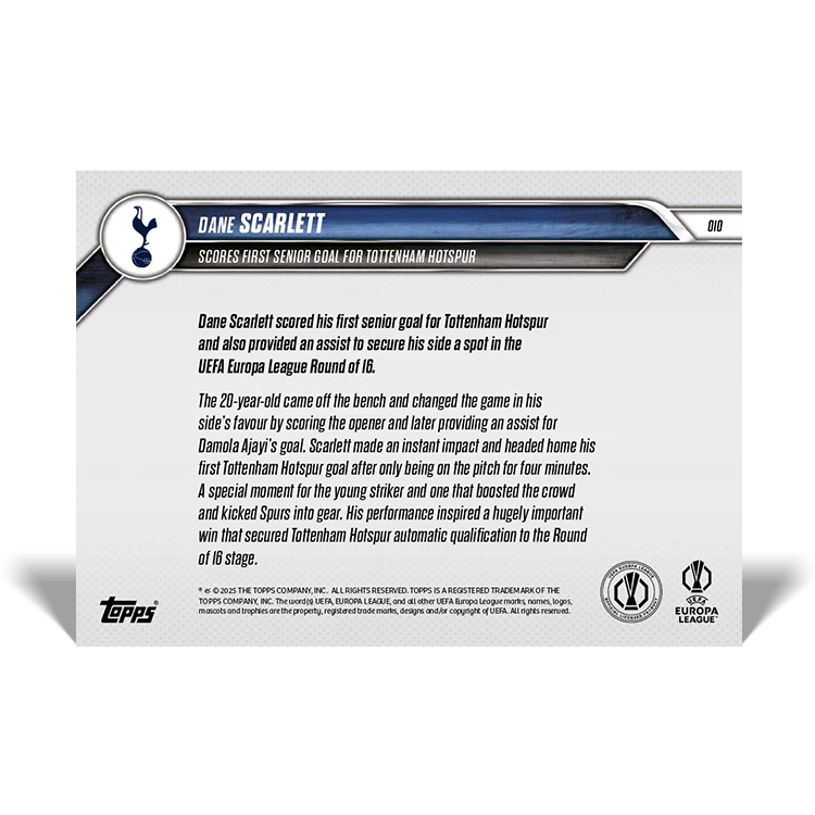 Dane Scarlett - Scores first senior goal for Tottenham Hotspur - 24/25 UEL Topps NOW® Card 10