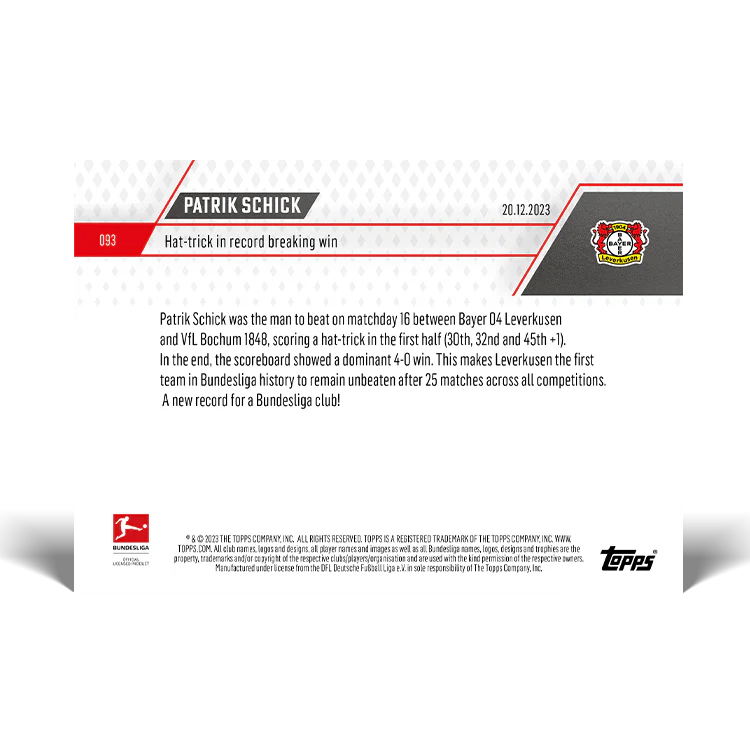 Topps UK - Patrik Schick - Hat-trick in record breaking win - Bundesliga TOPPS NOW® Card #93