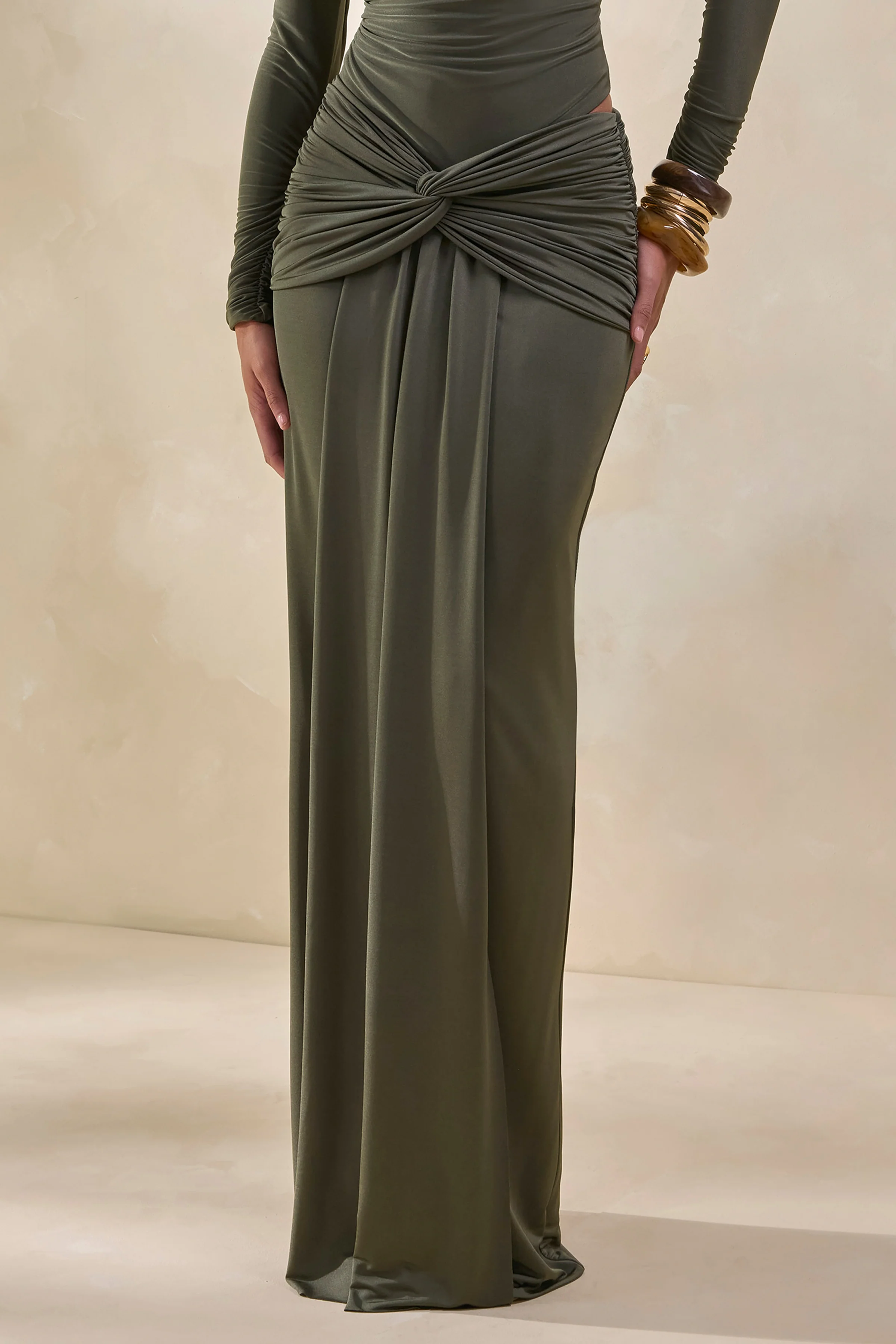 Theria | Khaki Maxi Skirt With Gathering And Knot Detail