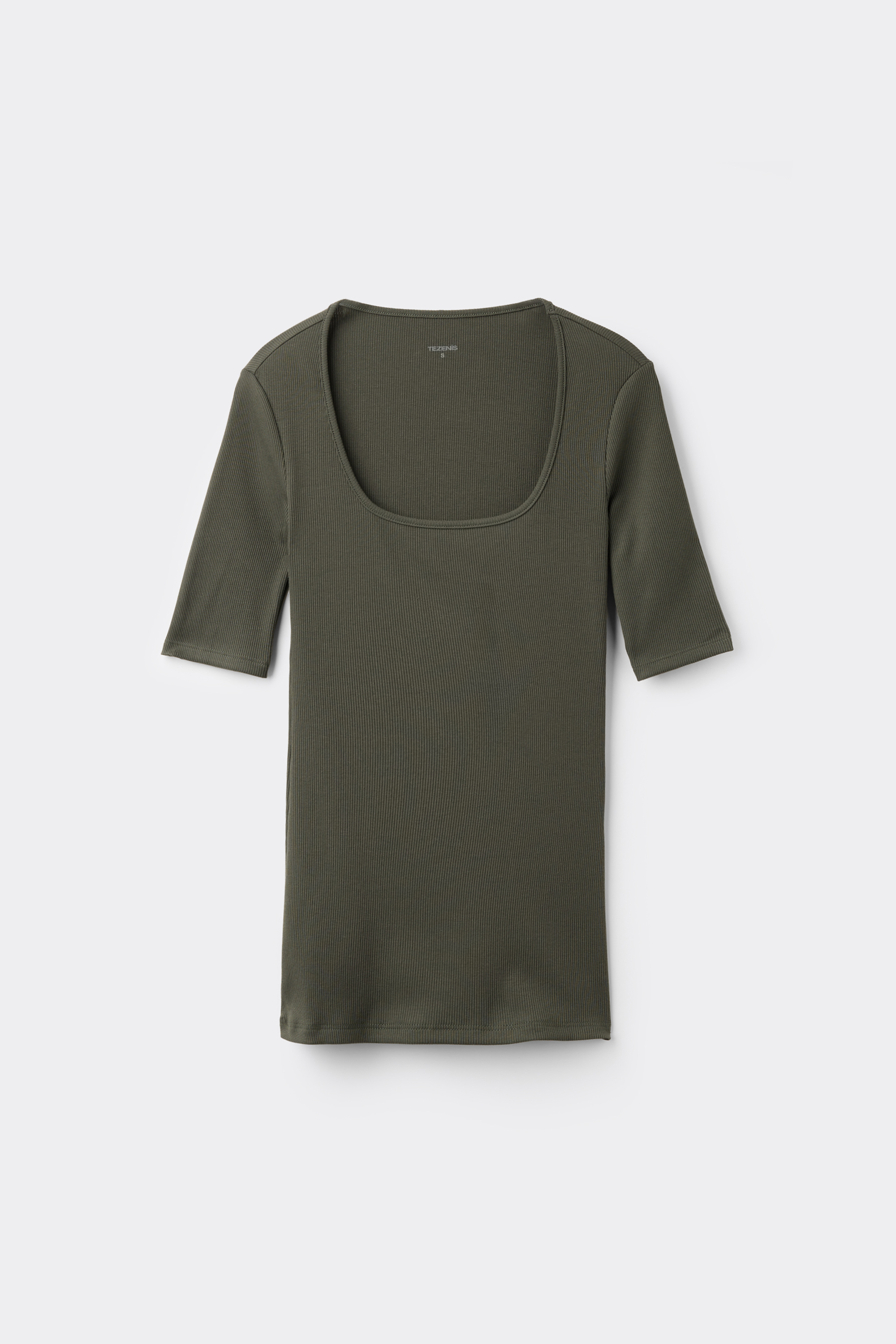 Short Sleeved Square Neck Ribbed Cotton T-shirt