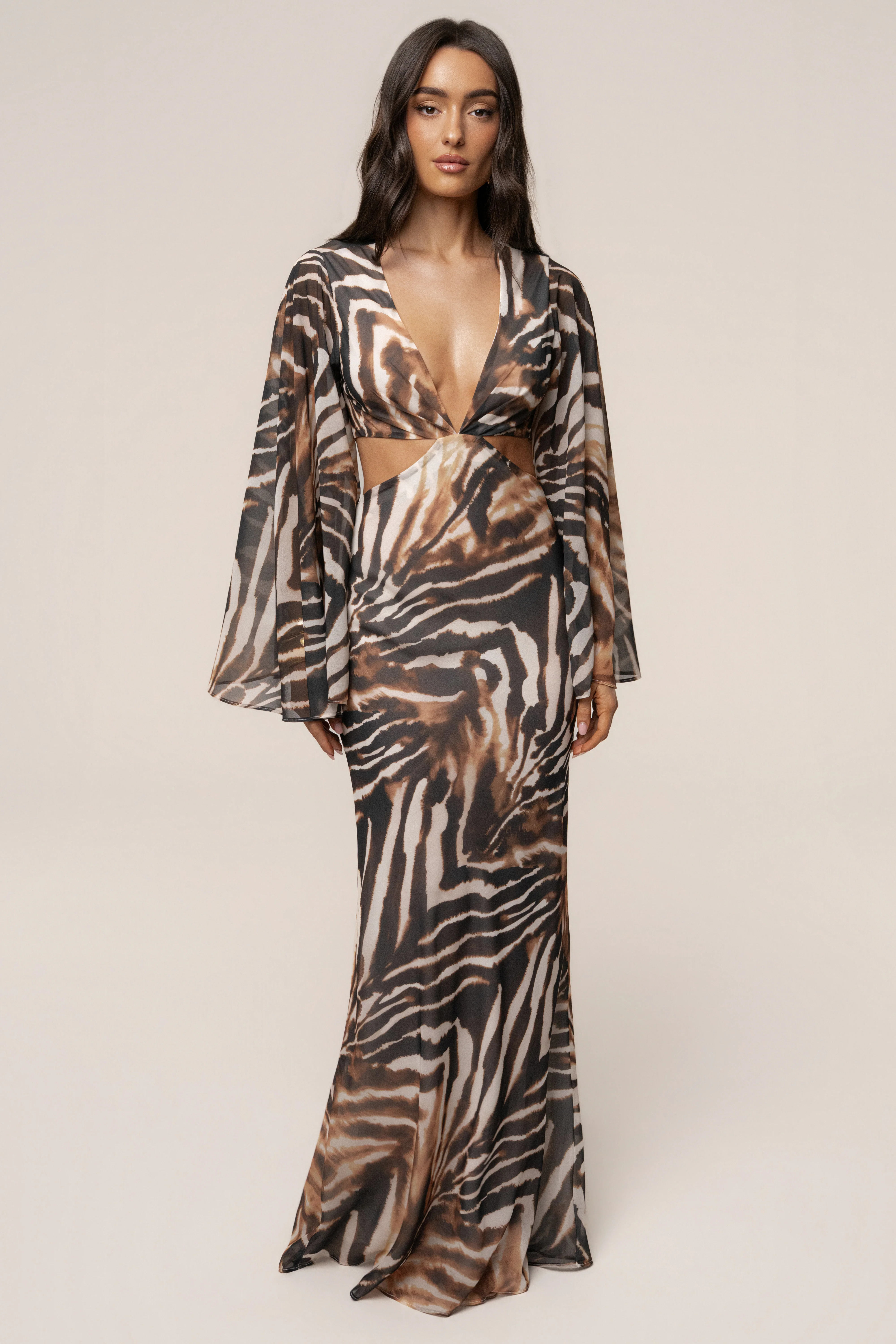 Brown Zebra Instincts Print Maxi Dress