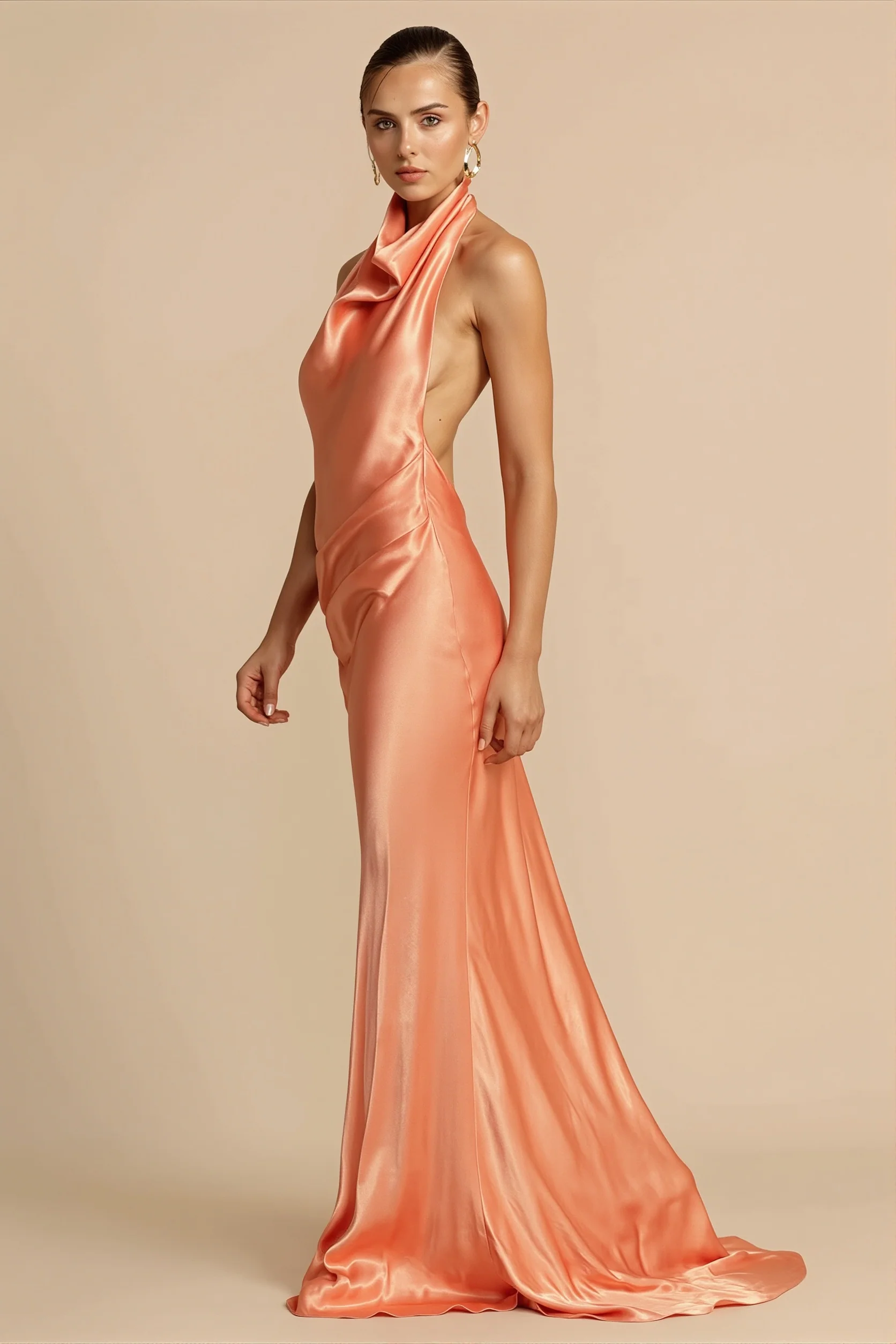 Solid Satin Halter Backless Maxi Dress