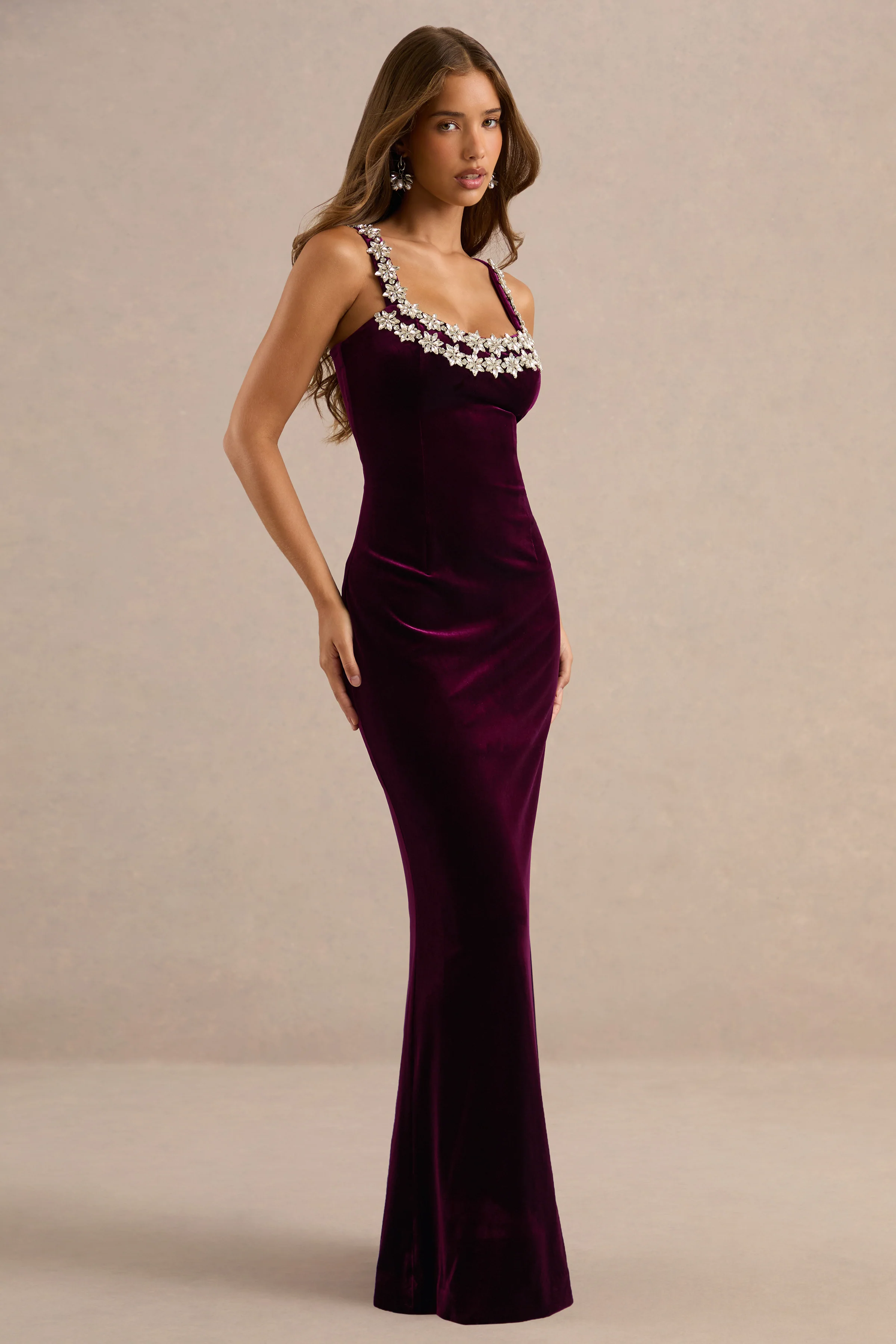 Eilin | Burgundy Velvet Square Neck Maxi Dress With Embellished Detailing And Back Split