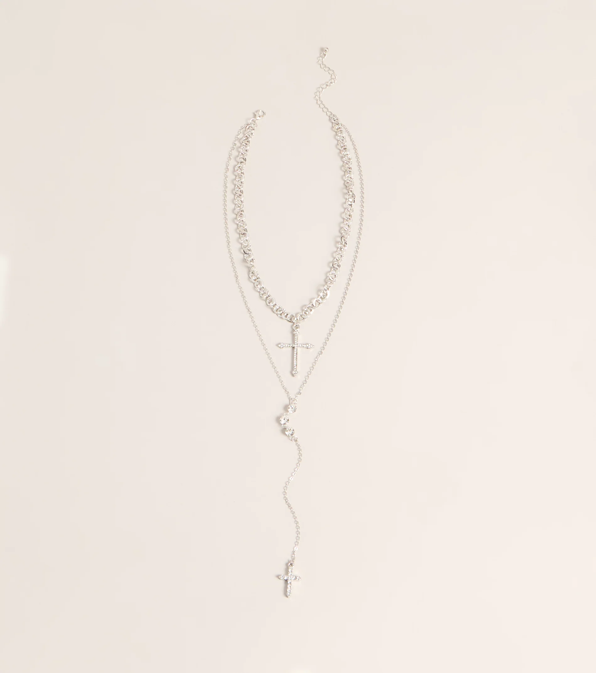 Layered Sparkle Rhinestone Cross Charm Lariat Necklace