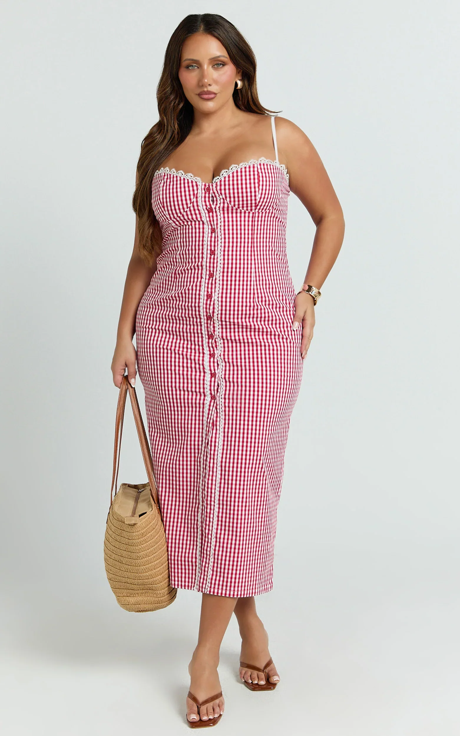 Anessa Midi Dress - Button Front Bustier Fitted Dress in Red Gingham