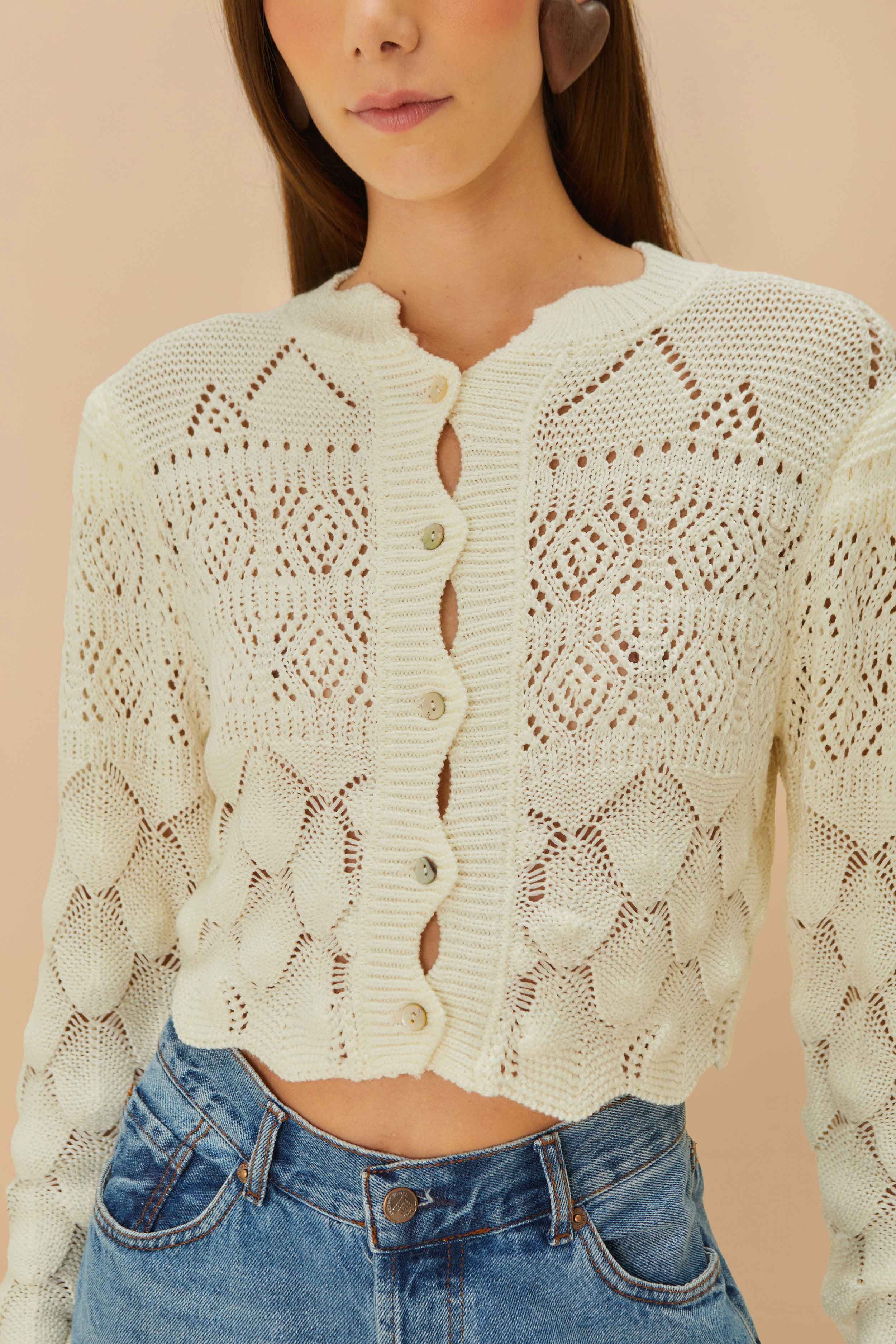 Off-White Mixed Lace Stitch Cardigan