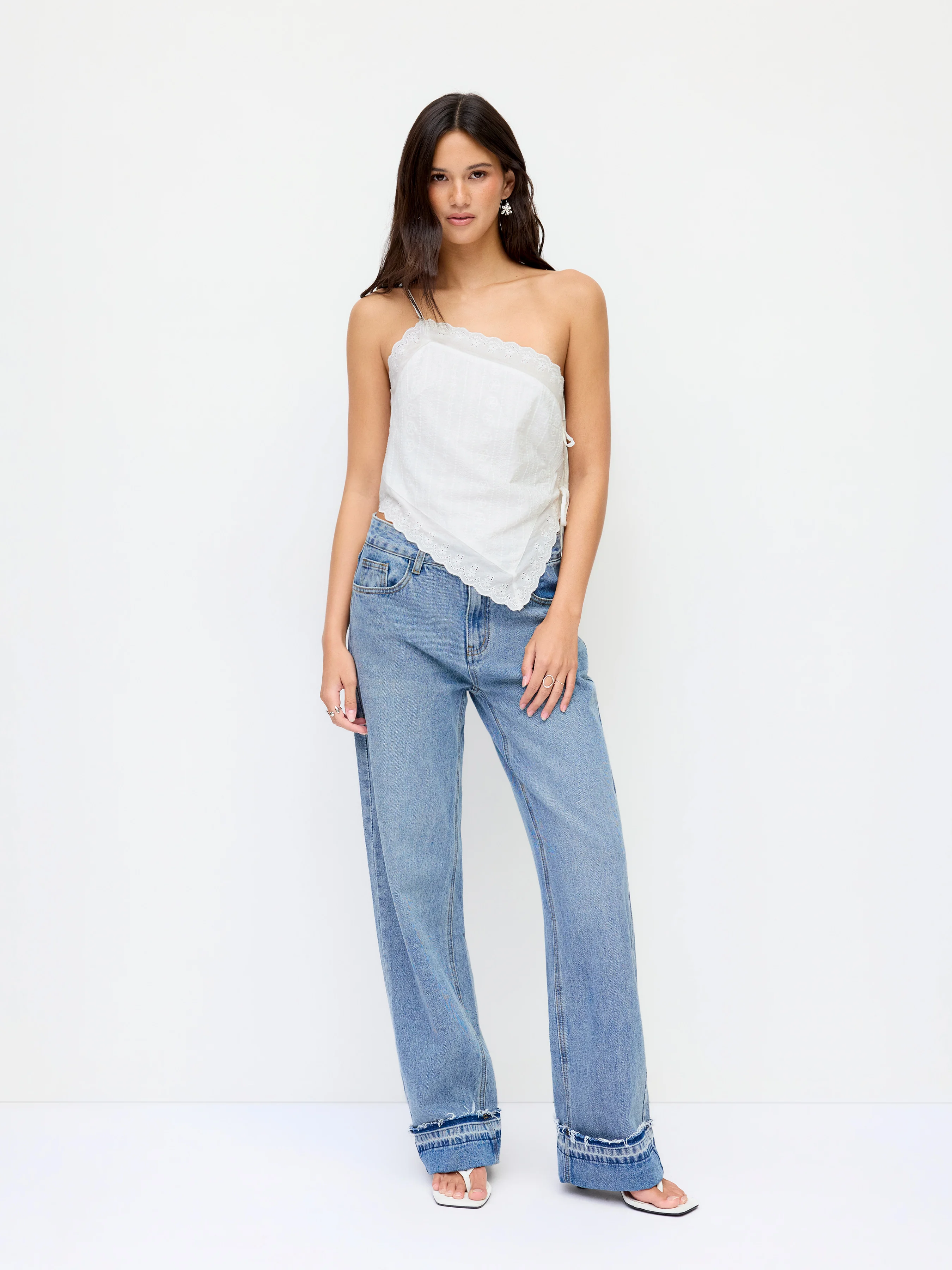 Cotton-blend Asymmetrical Embroidery Broderie Anglaise Trim Tie Side Split Cami Top