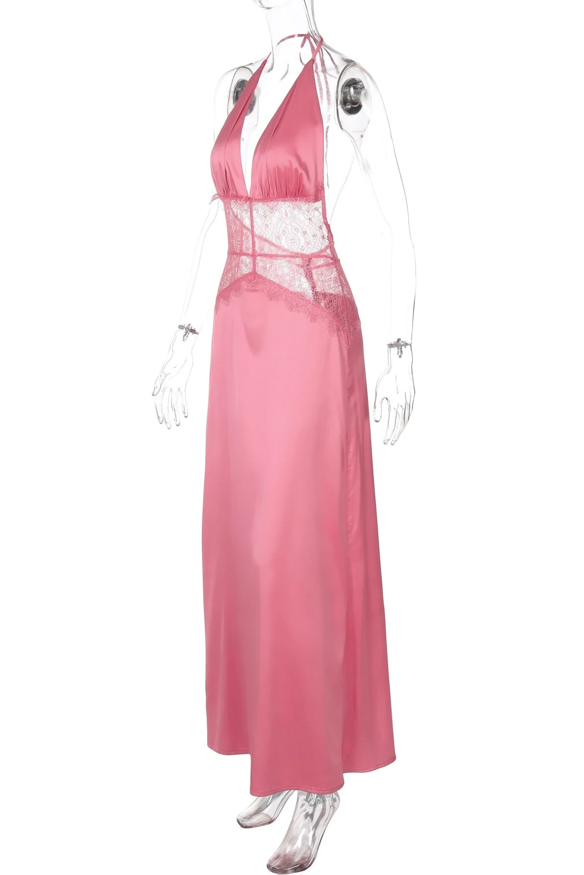 Pink Halter Sheer Lace and Satin Dress