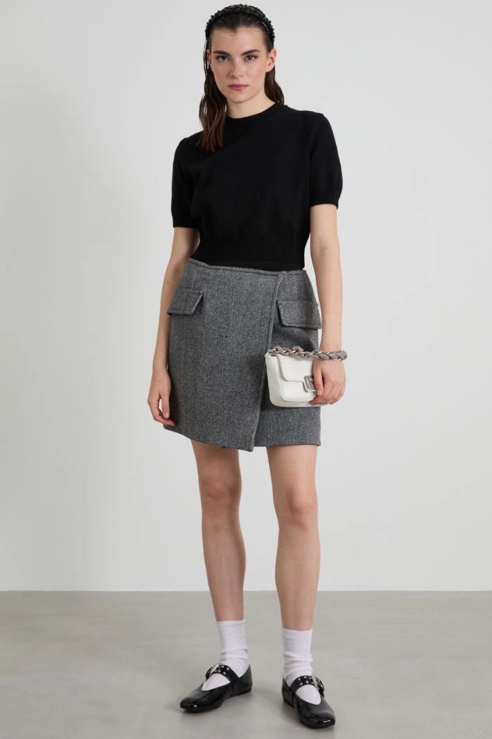 Short herringbone wool wrap skirt - GREY