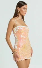 Wilfreda Mini Dress - Sequin Square Neck Bodycon Dress in Peach
