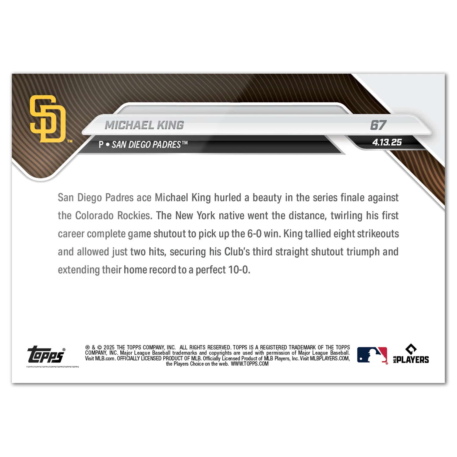 Michael King - 2025 MLB Topps NOW® - Card 67