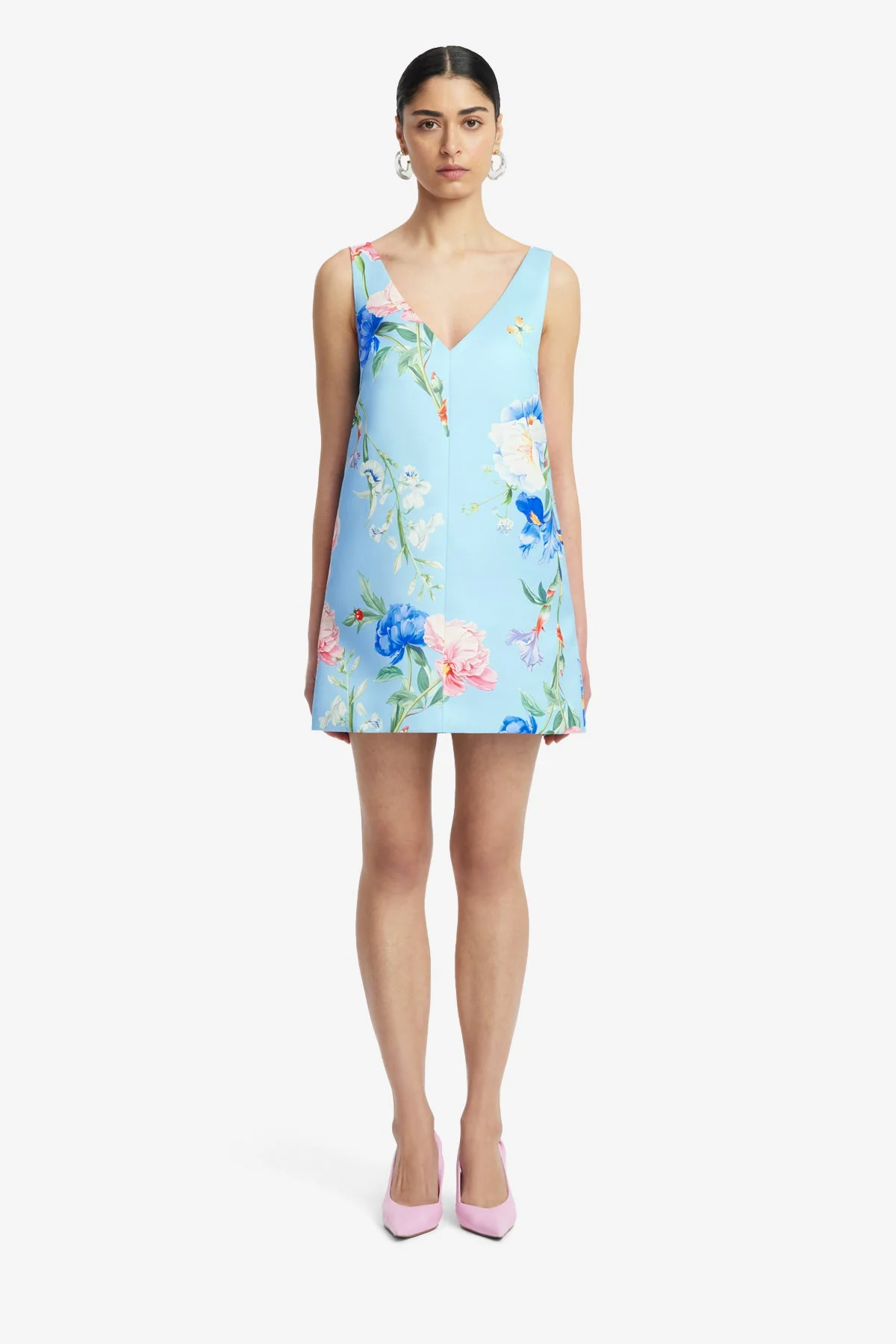 Kaelyn V Neck Mini Dress - Garden Print in Baby Blue
