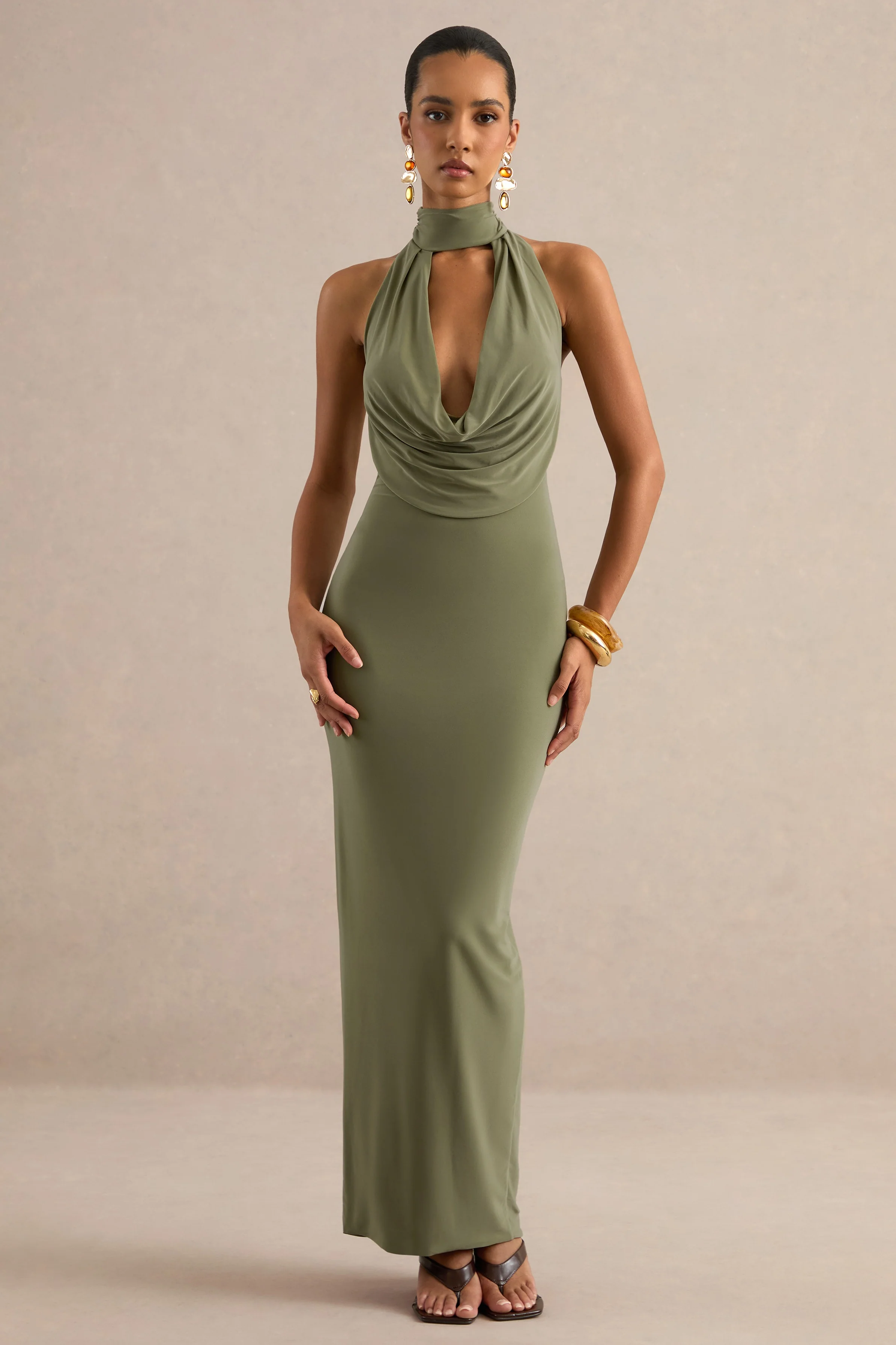 Lucianae | Olive Jersey Cowl Maxi Dress With Open Back And Back Split