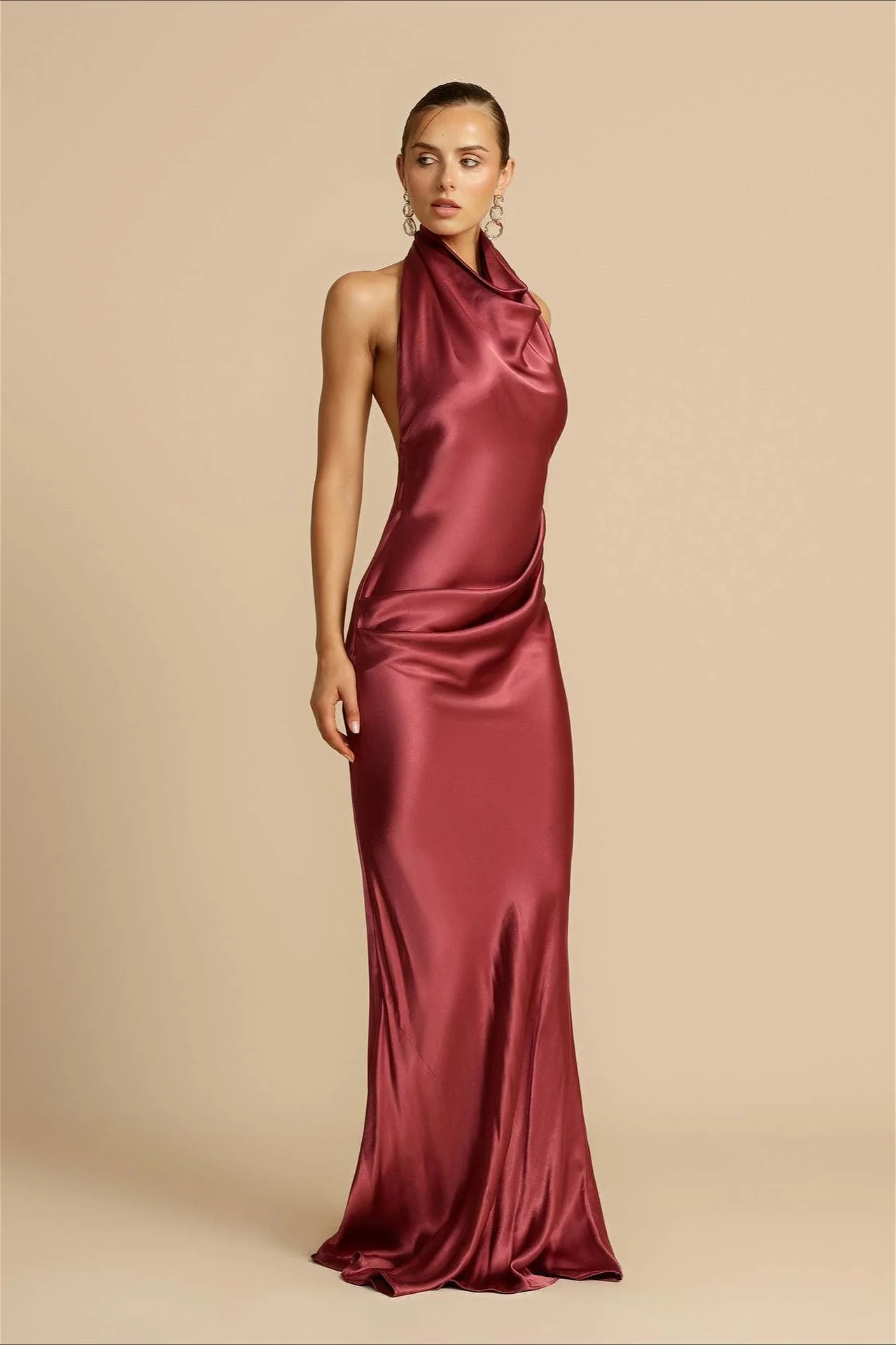Solid Satin Halter Backless Maxi Dress