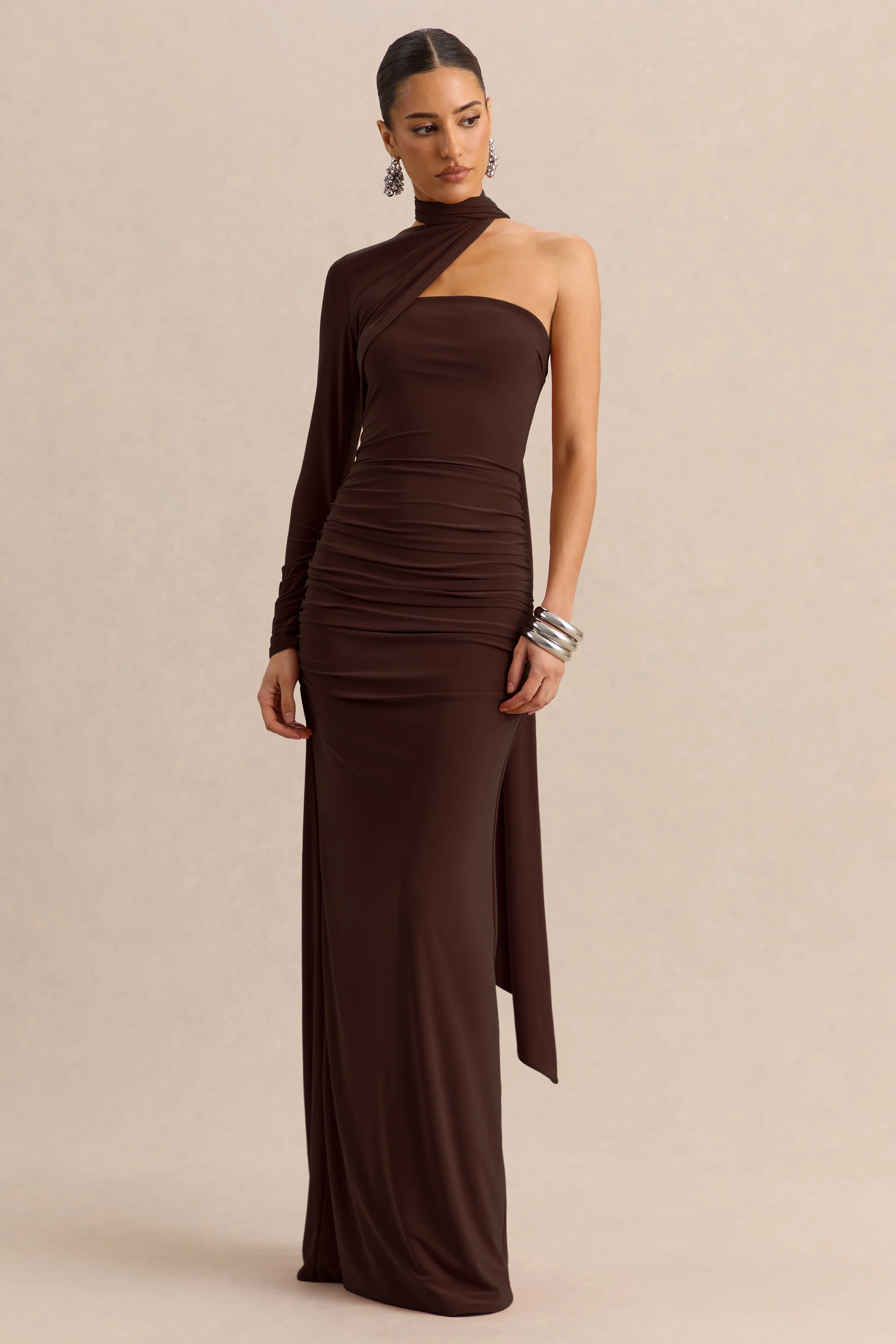 Cerisia | Brown Jersey One Sleeve Maxi Dress With Ruching and Sash