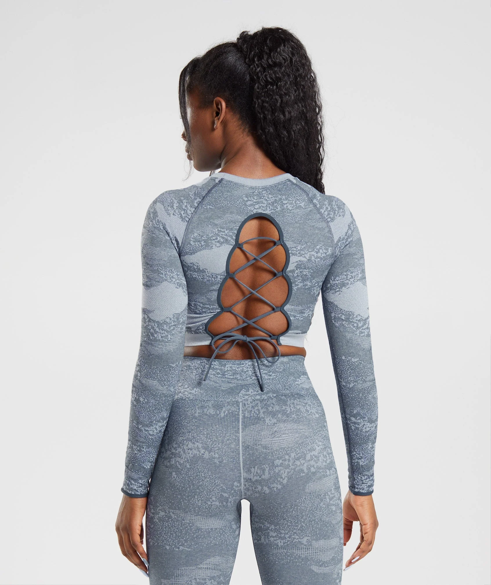 Adapt Camo Seamless Lace Up Back Top Lava |  River Stone Grey/Evening Blue