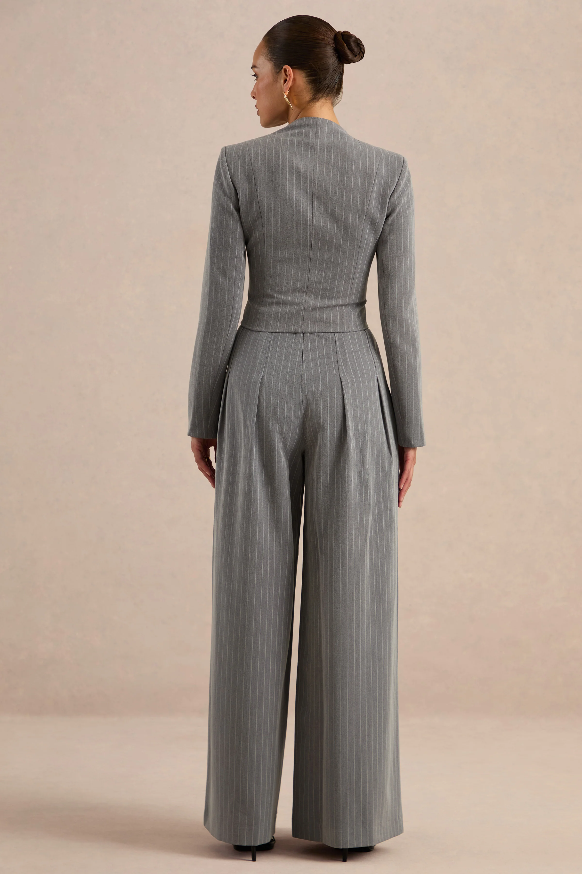 Genara | Grey Pin Stripe High Rise Wide Leg Trousers