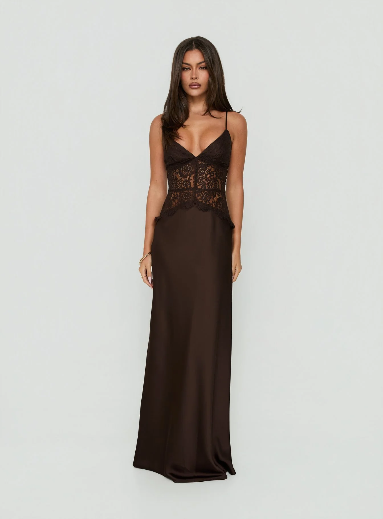 Kylenn Lace Panel Satin Maxi Dress Chocolate
