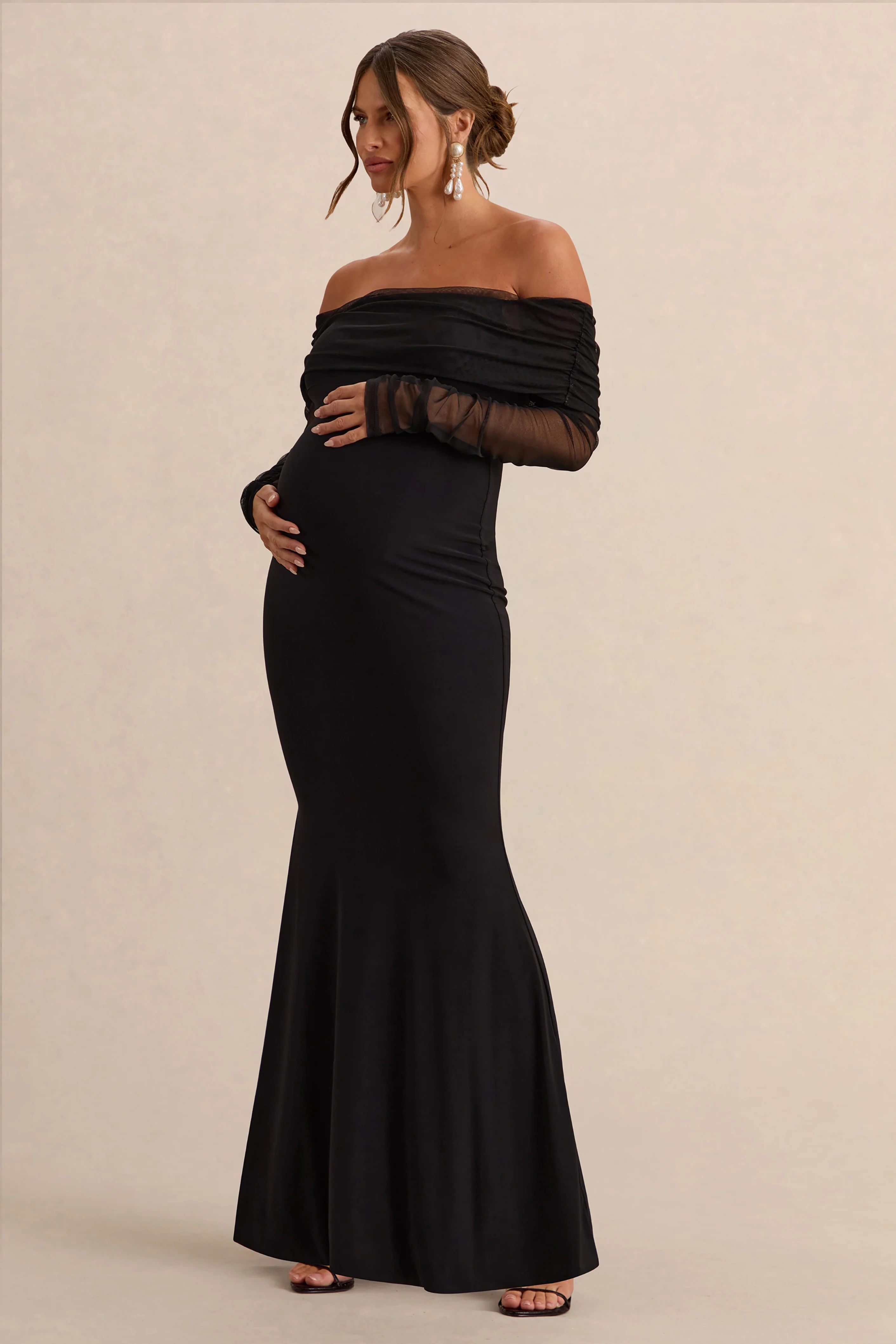 Pretty Perfect | Black Maternity Bardot-Neck Maxi Dress