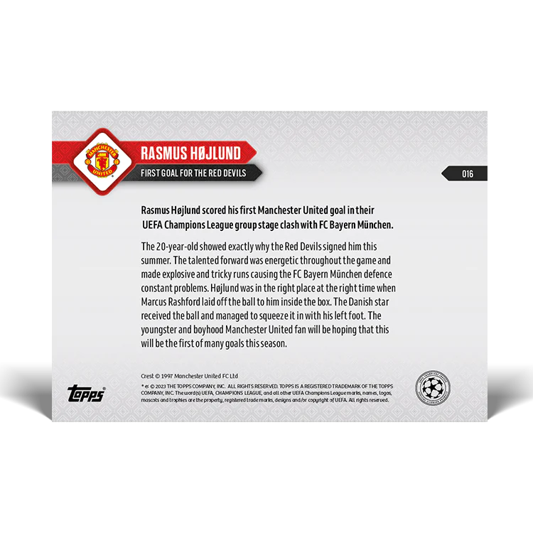 Topps UK - Rasmus Højlund - First goal for the Red Devils- UCL TOPPS NOW® Card #16