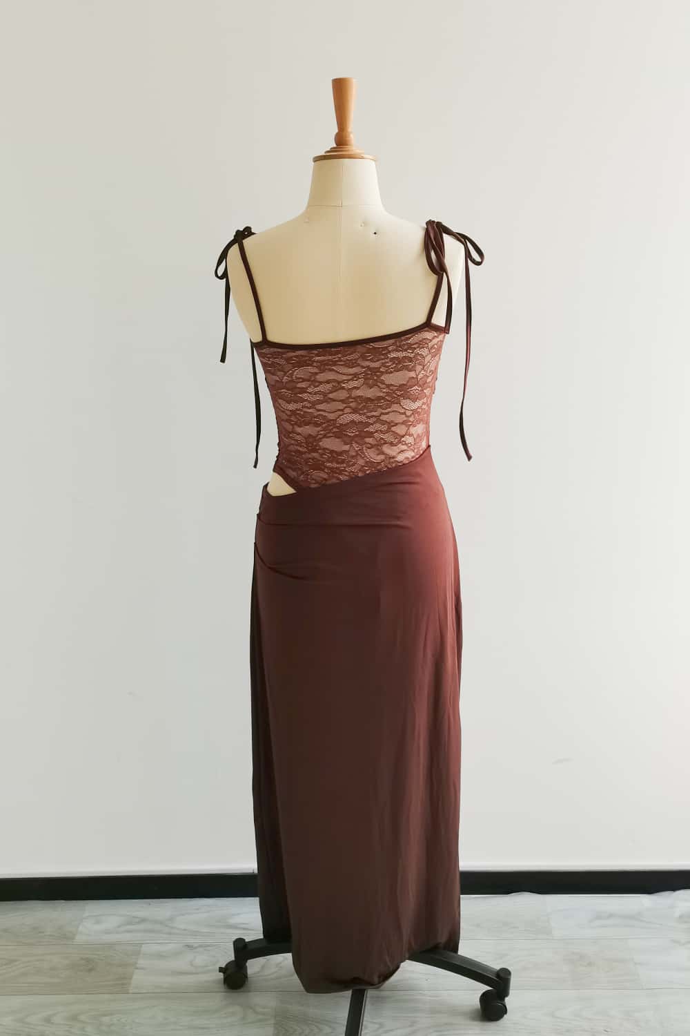 Brown Sheer Lace Spandex Long Dress