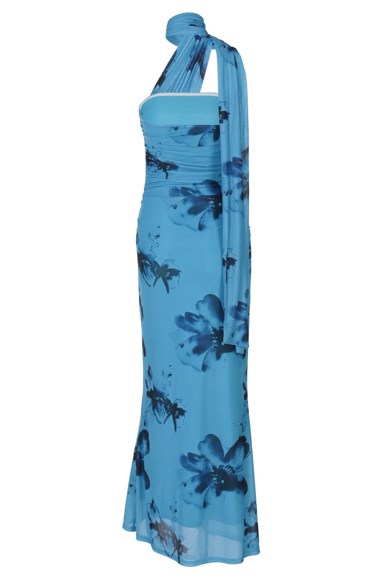 Blue Floral Halter Fitted Long Dress