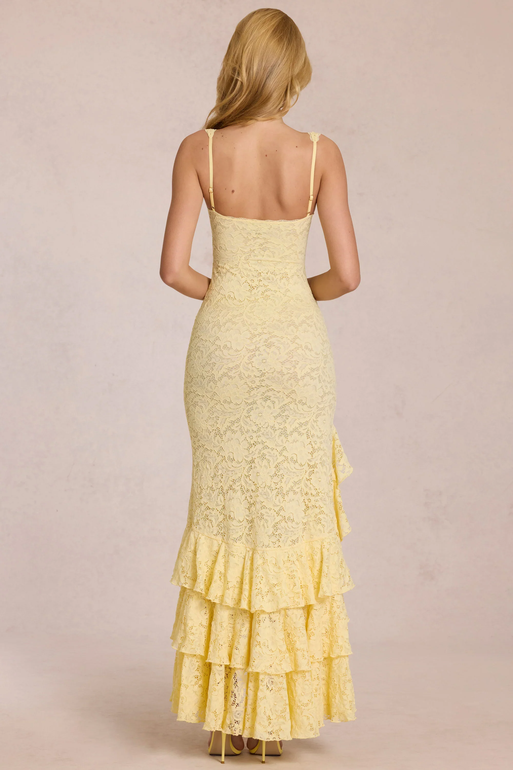 Lace Ruffle Maxi Dress in Lemon Yellow