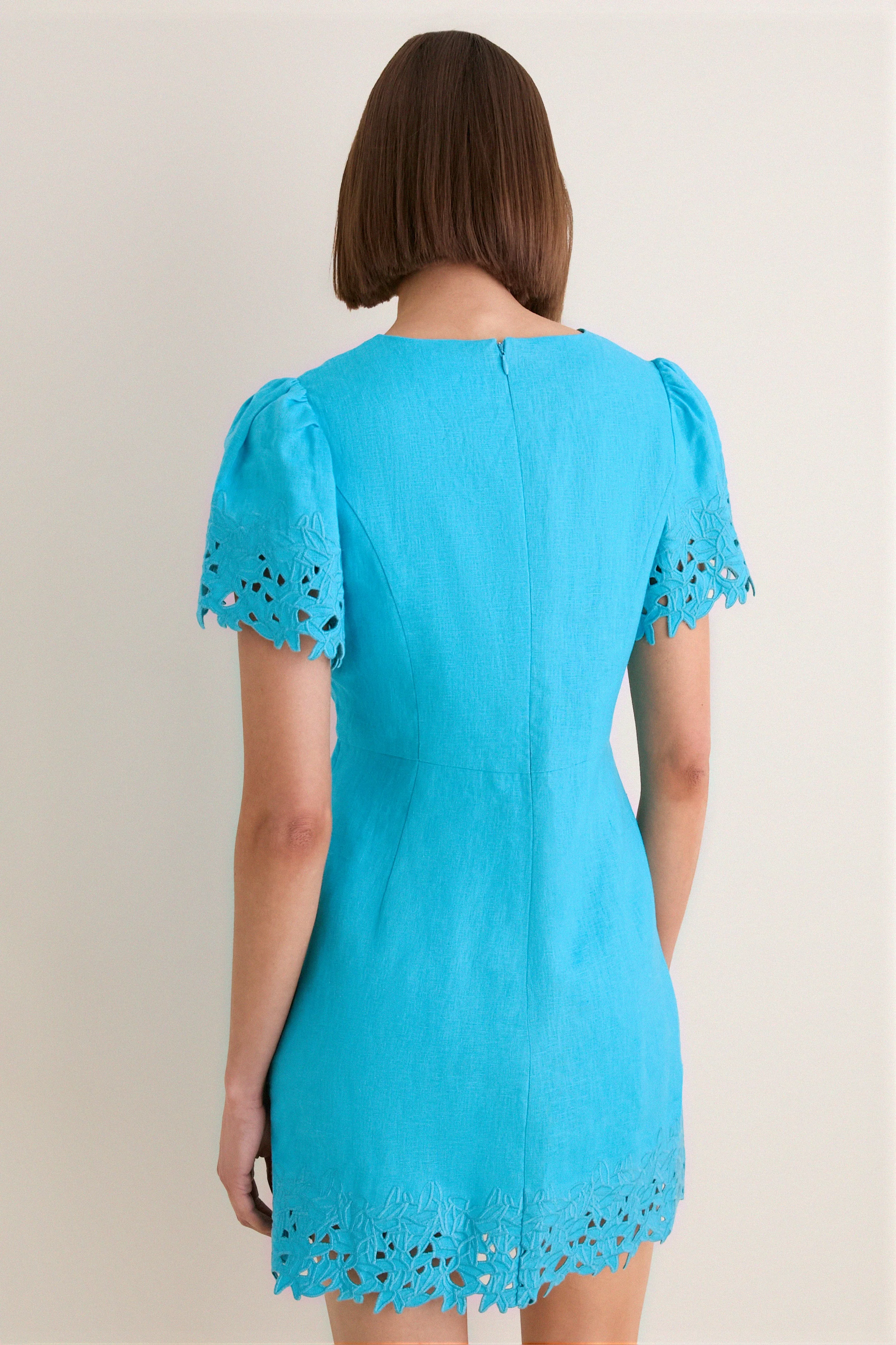 Aqua Linen Embroidered Ruthie Mini Dress