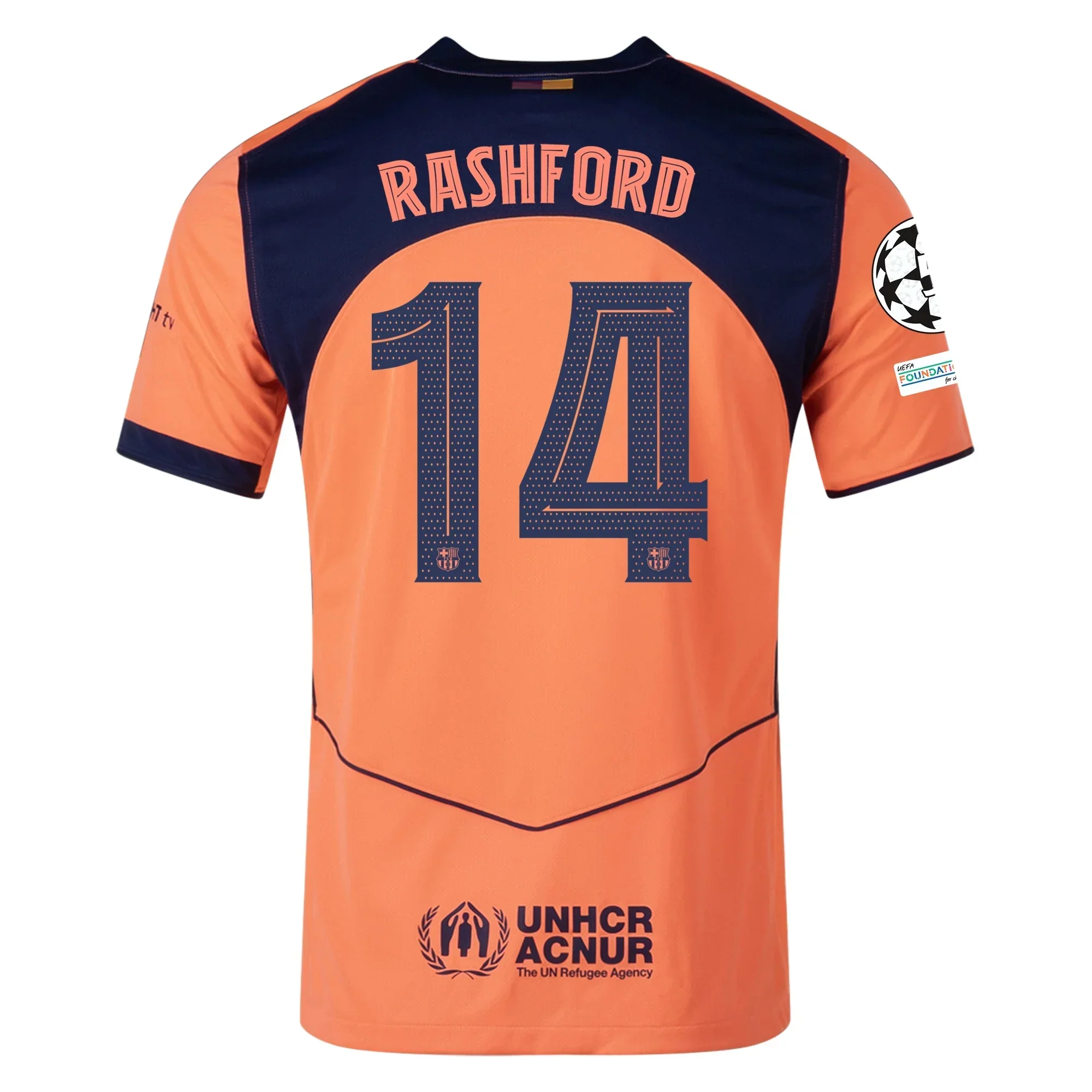 Rashford Men's FC Barcelona T90 Third Jersey 25/26 w/ Champions League Patches (Mango/Navy)
