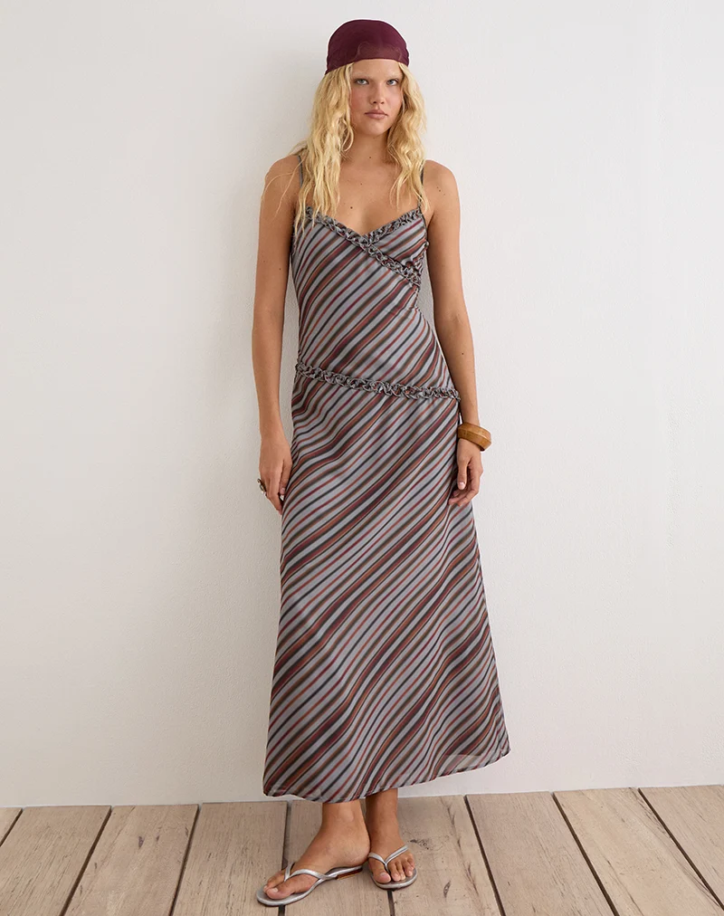 Angie Maxi Dress in Chiffon Grey and Maroon Diagonal Stripe