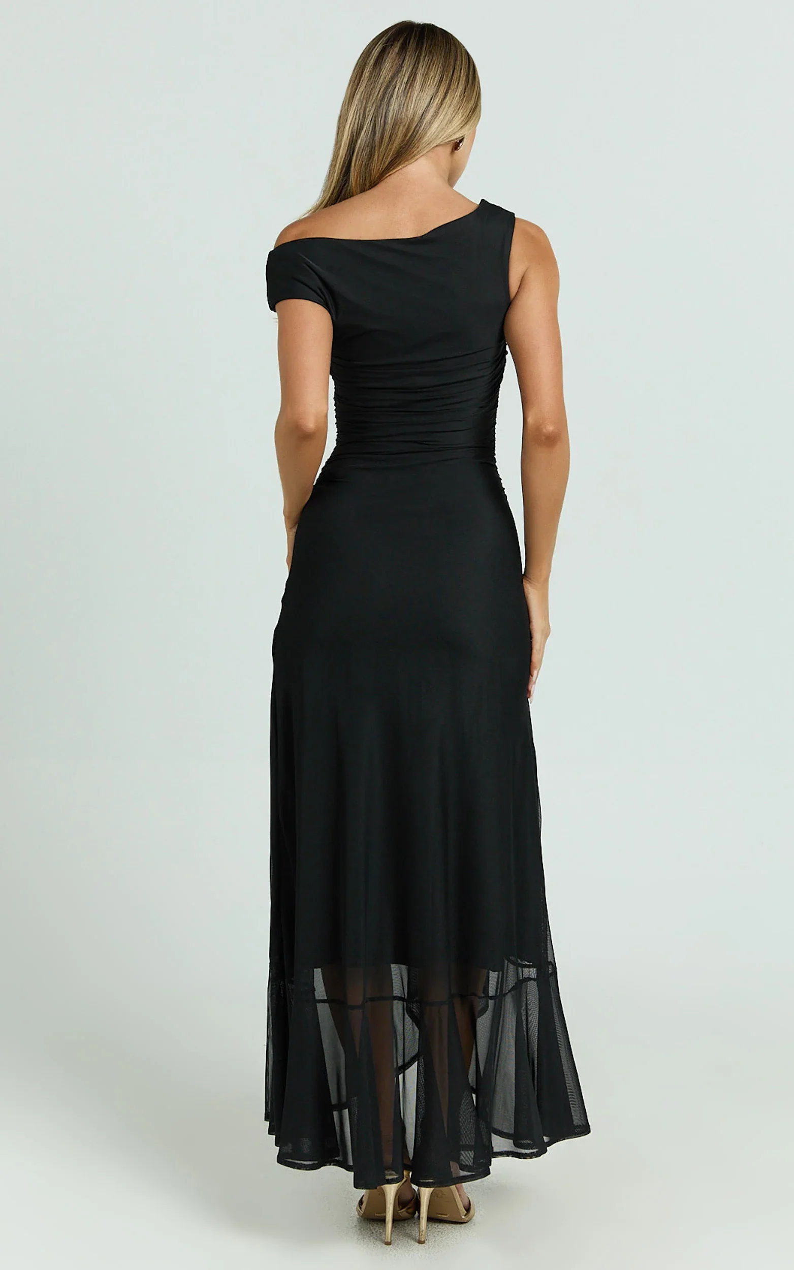 Judee Midi Dress - One Shoulder High Side Split Dress in Black