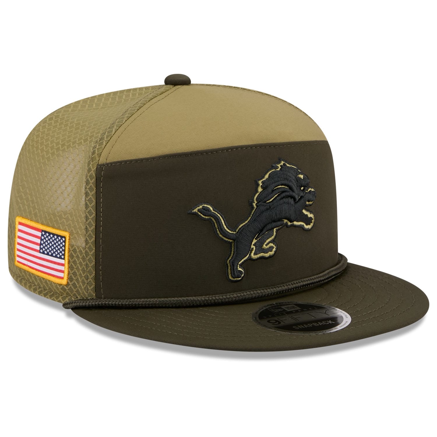 Detroit Lions 2025 NFL Salute to Service 9FIFTY Split Panel Trucker Snapback Cap Olive