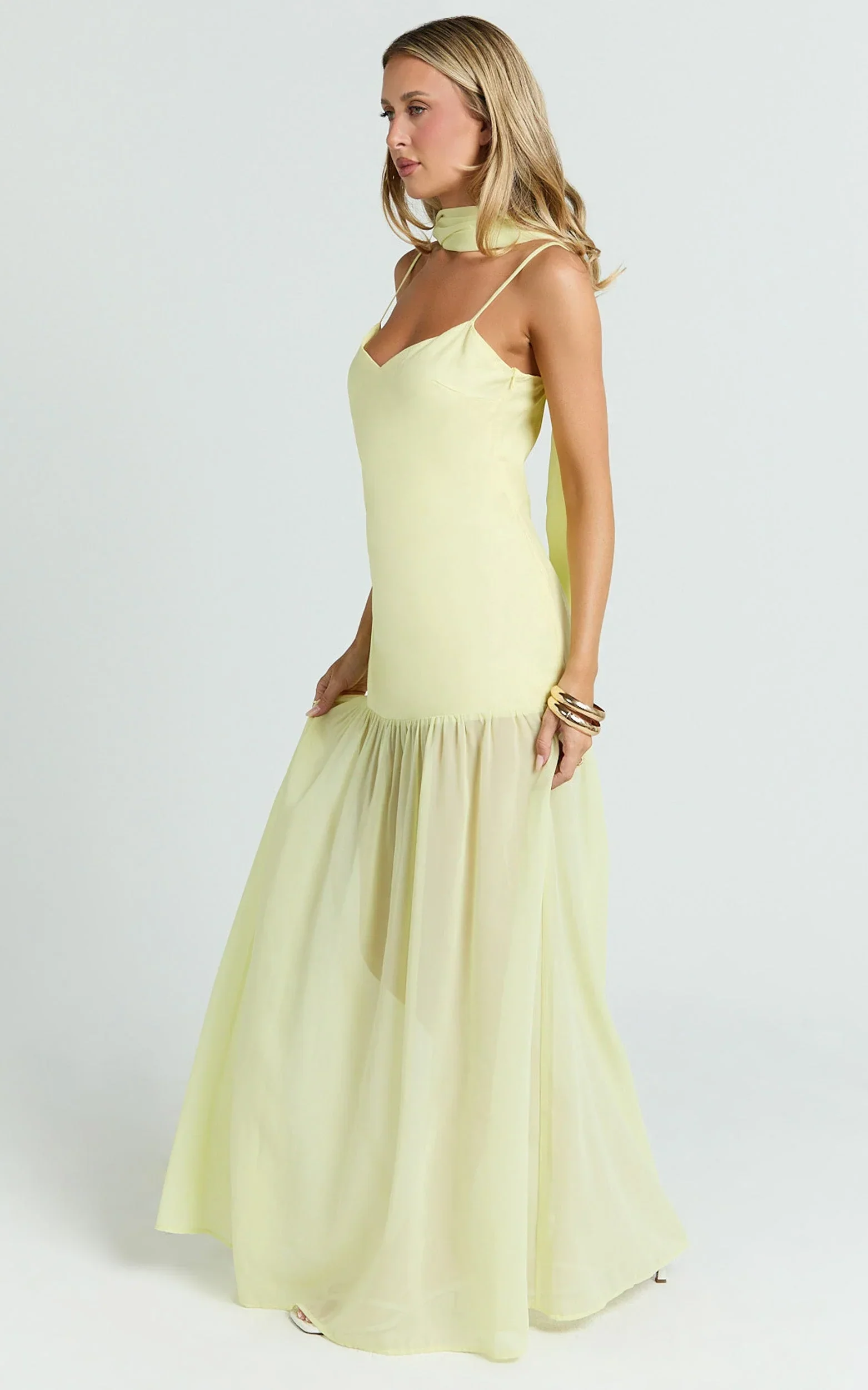 Calvin Maxi Dress - Linen Look Contrast Georgette Skirt with Neck Scarf in Lemon