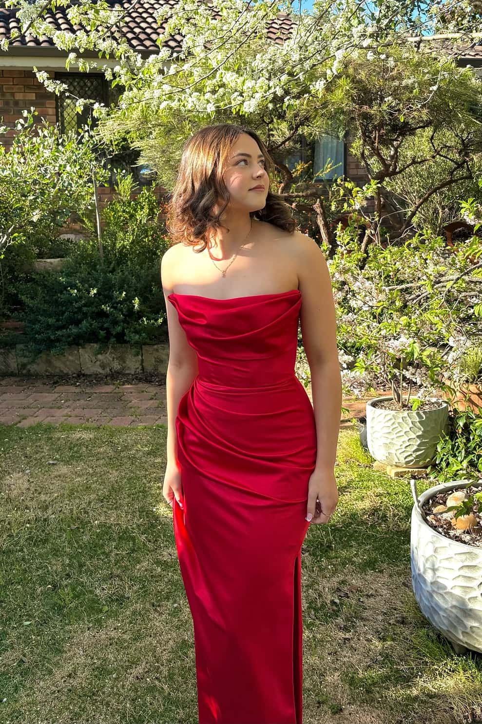 Strapless Red Ruched Long Dress with Slit